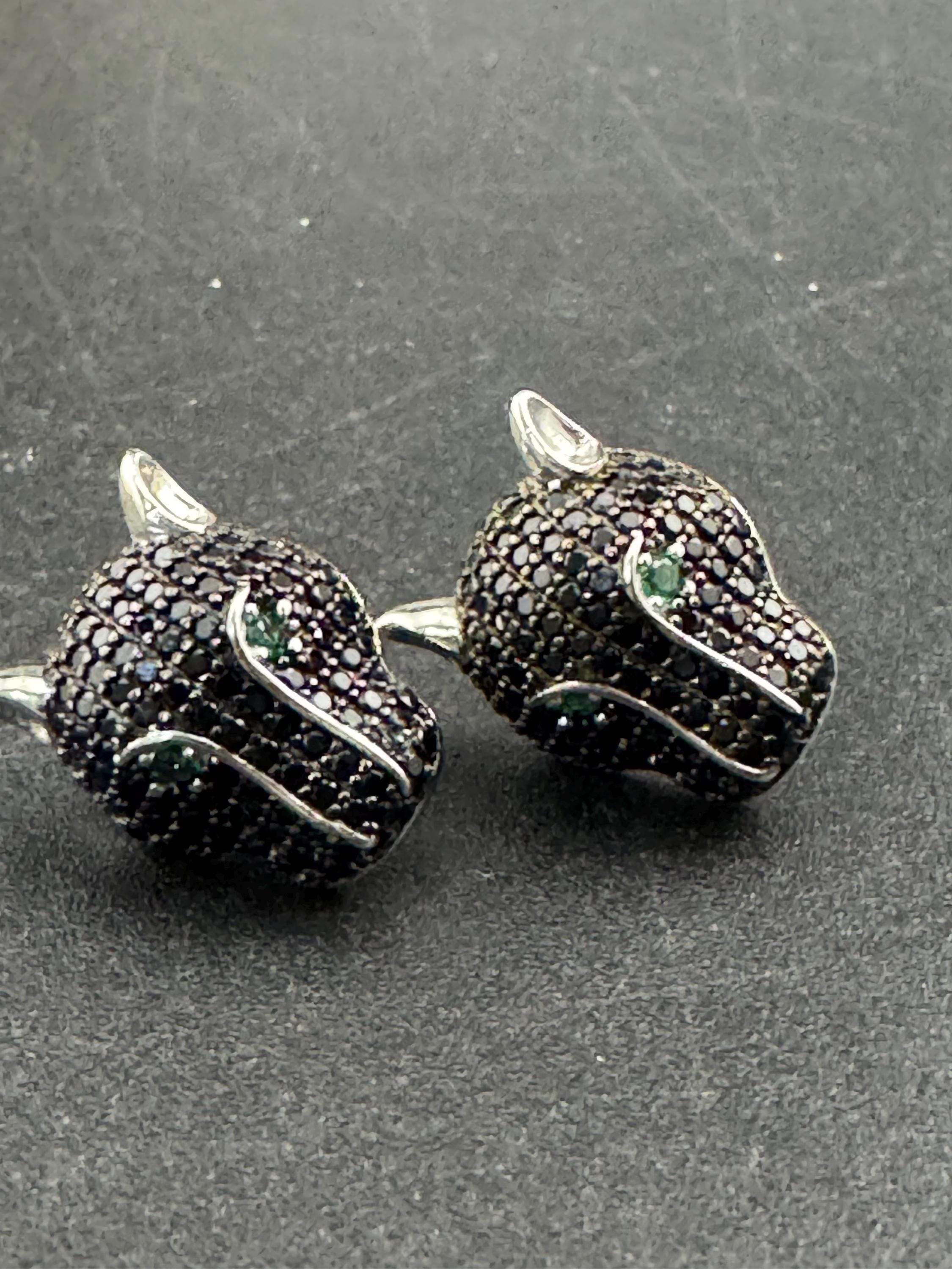 Sterling Silver Leopard Stud Earrings, Black CZ Crystal Eyes
