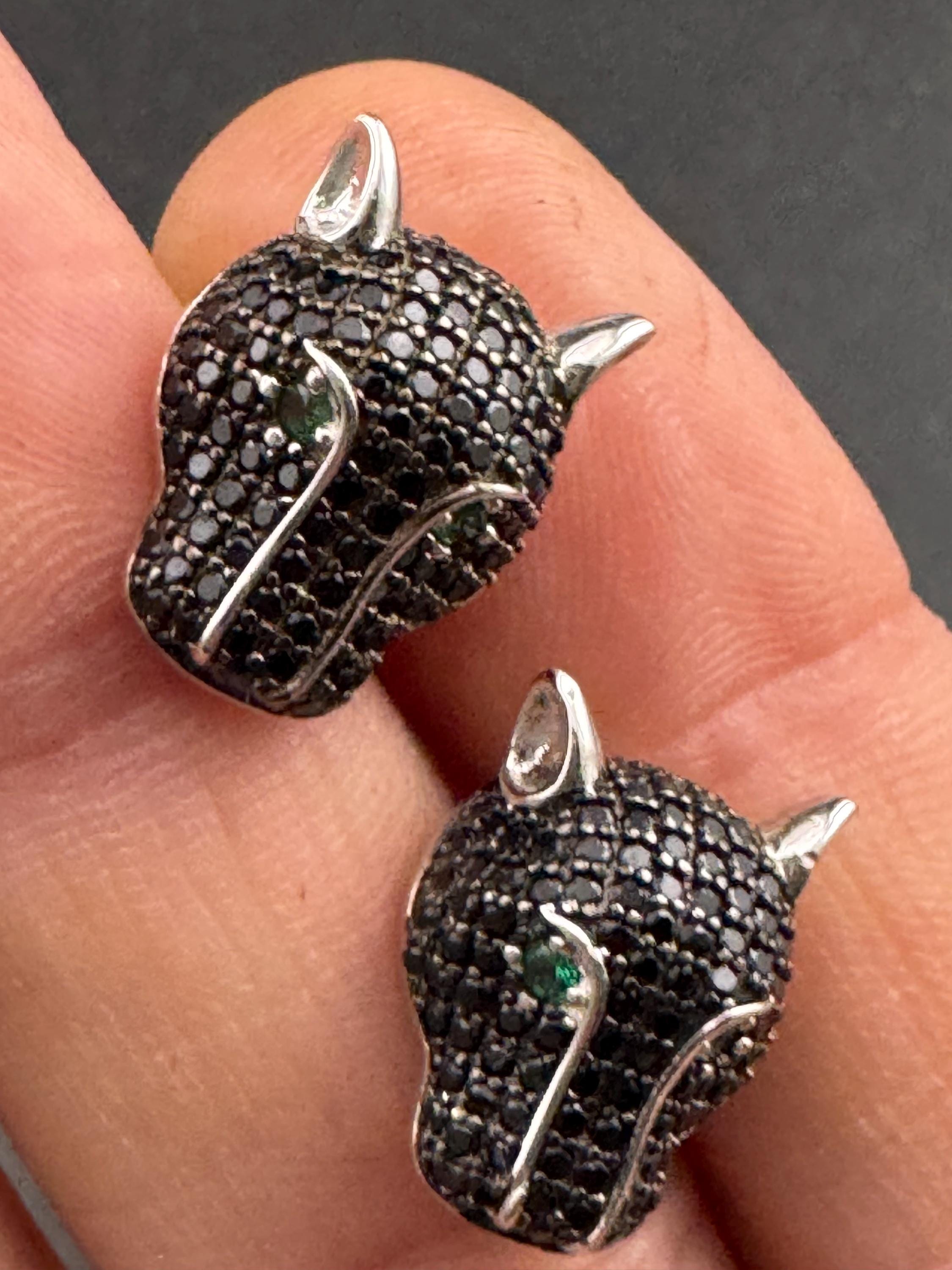 Sterling Silver Leopard Stud Earrings, Black CZ Crystal Eyes