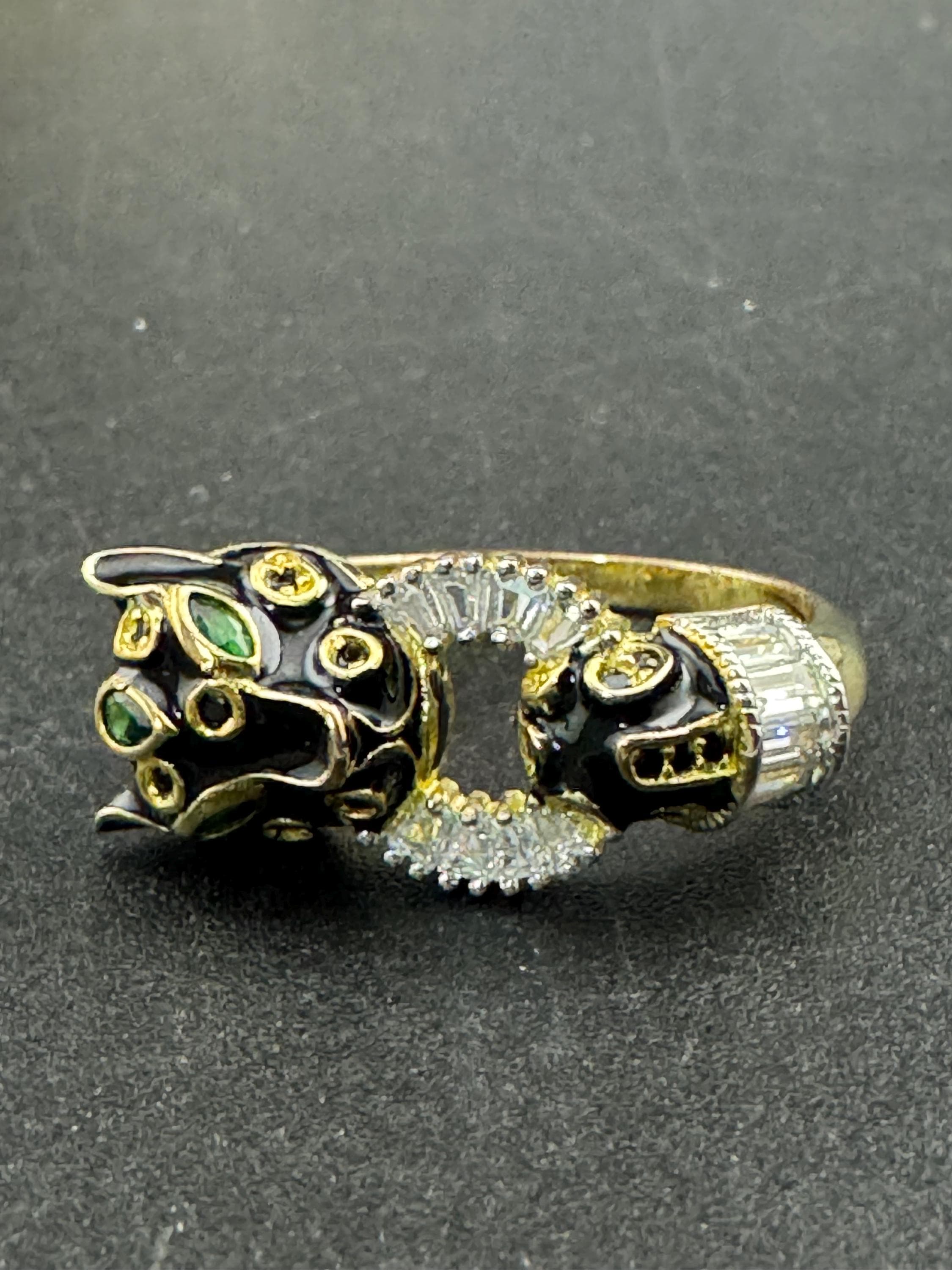 Gold over Sterling Silver Leopard Ring, Black Enamel CZ