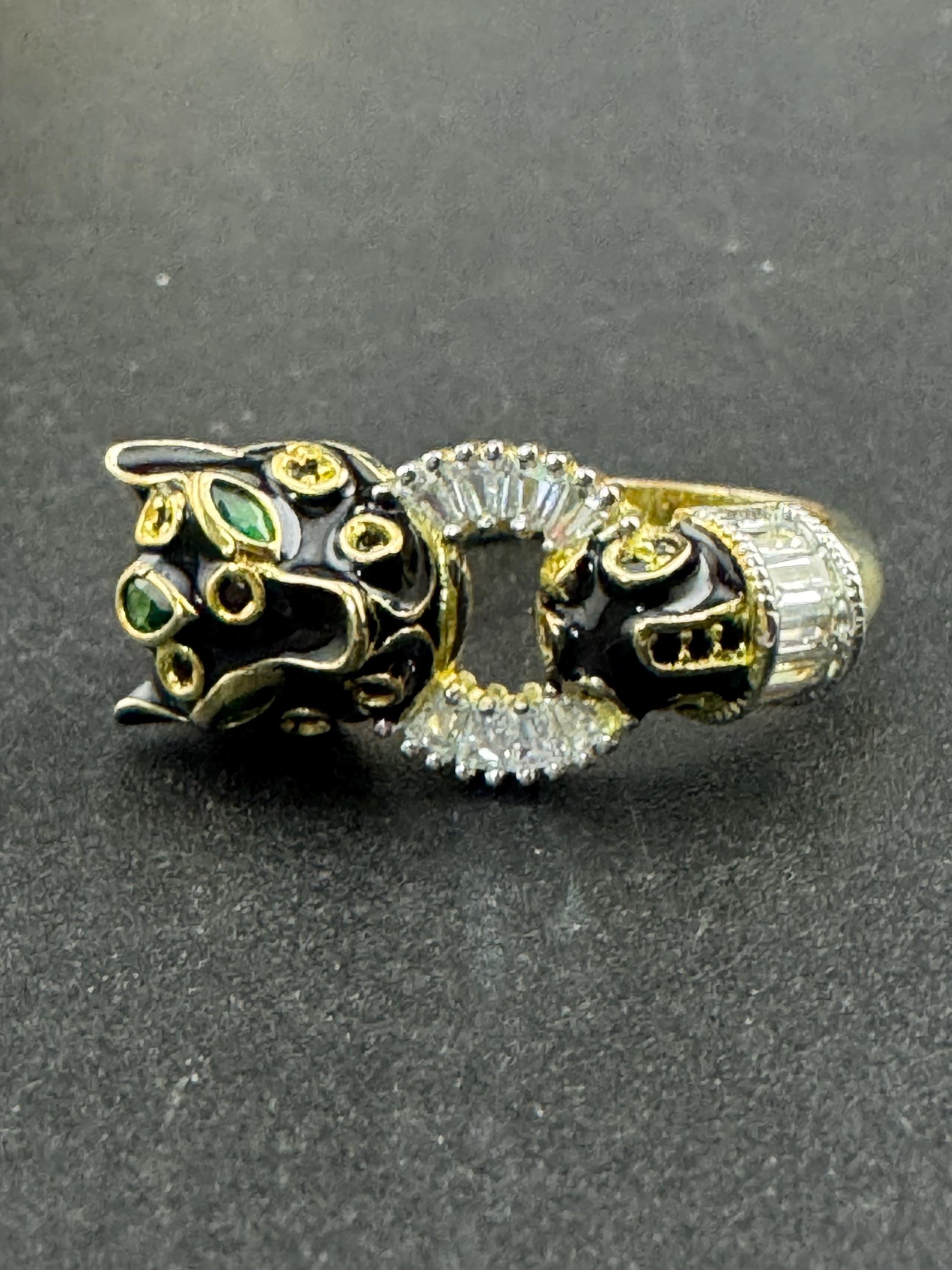 Gold over Sterling Silver Leopard Ring, Black Enamel CZ