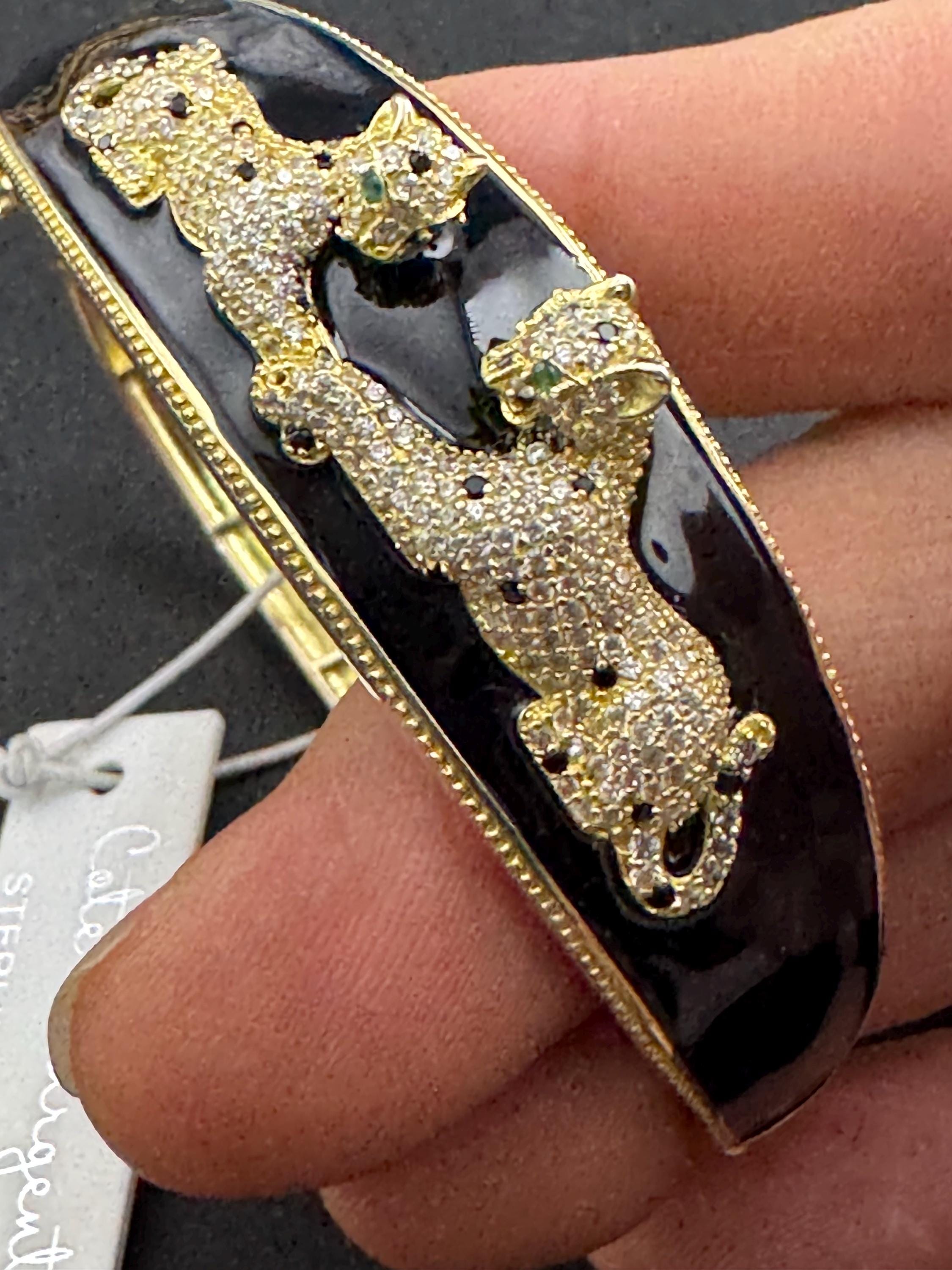 Black Enamel Leopard Bangle, Gold Vermeil Sterling Silver, CZ Hinged Bracelet