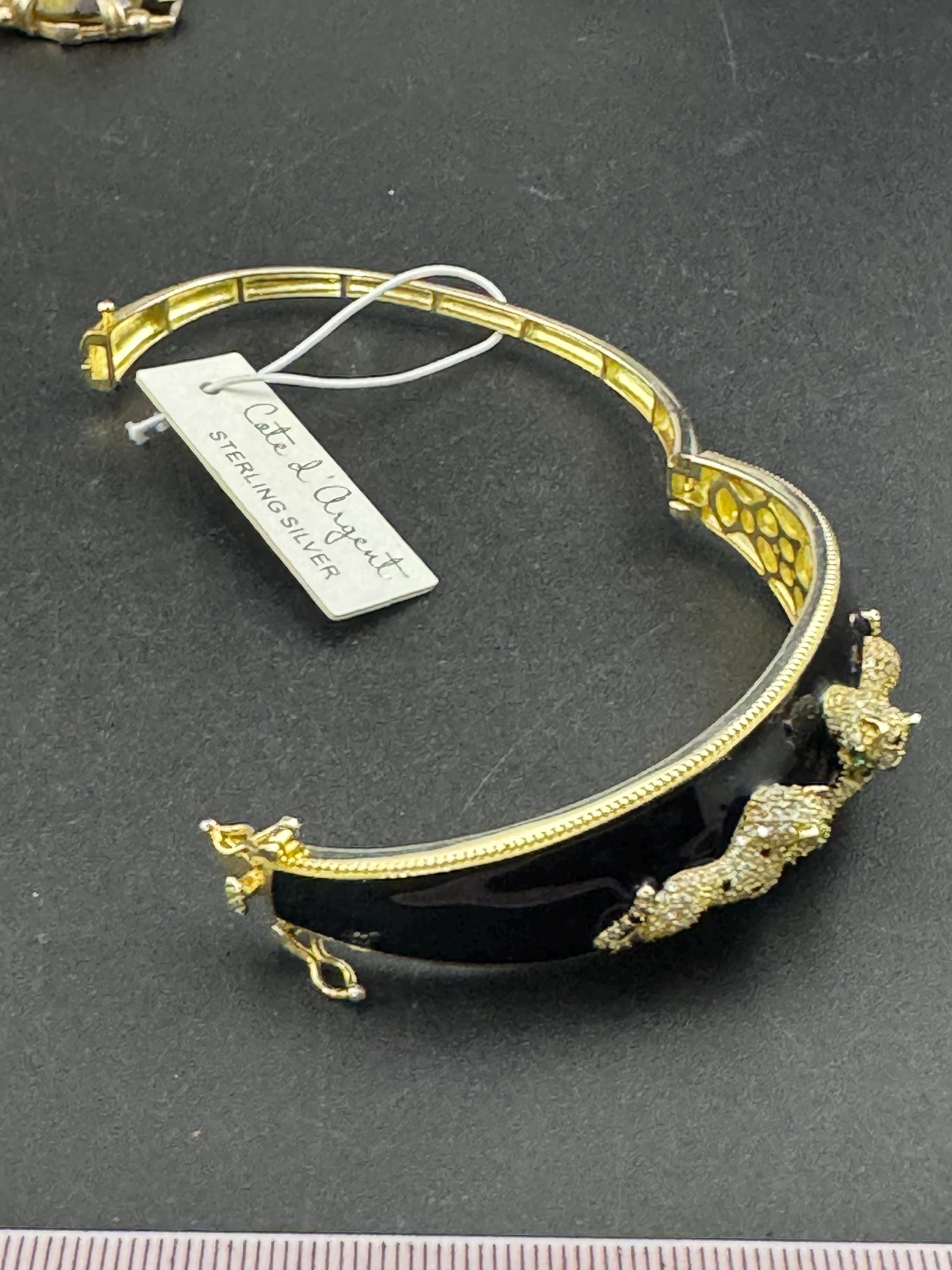 Black Enamel Leopard Bangle, Gold Vermeil Sterling Silver, CZ Hinged Bracelet