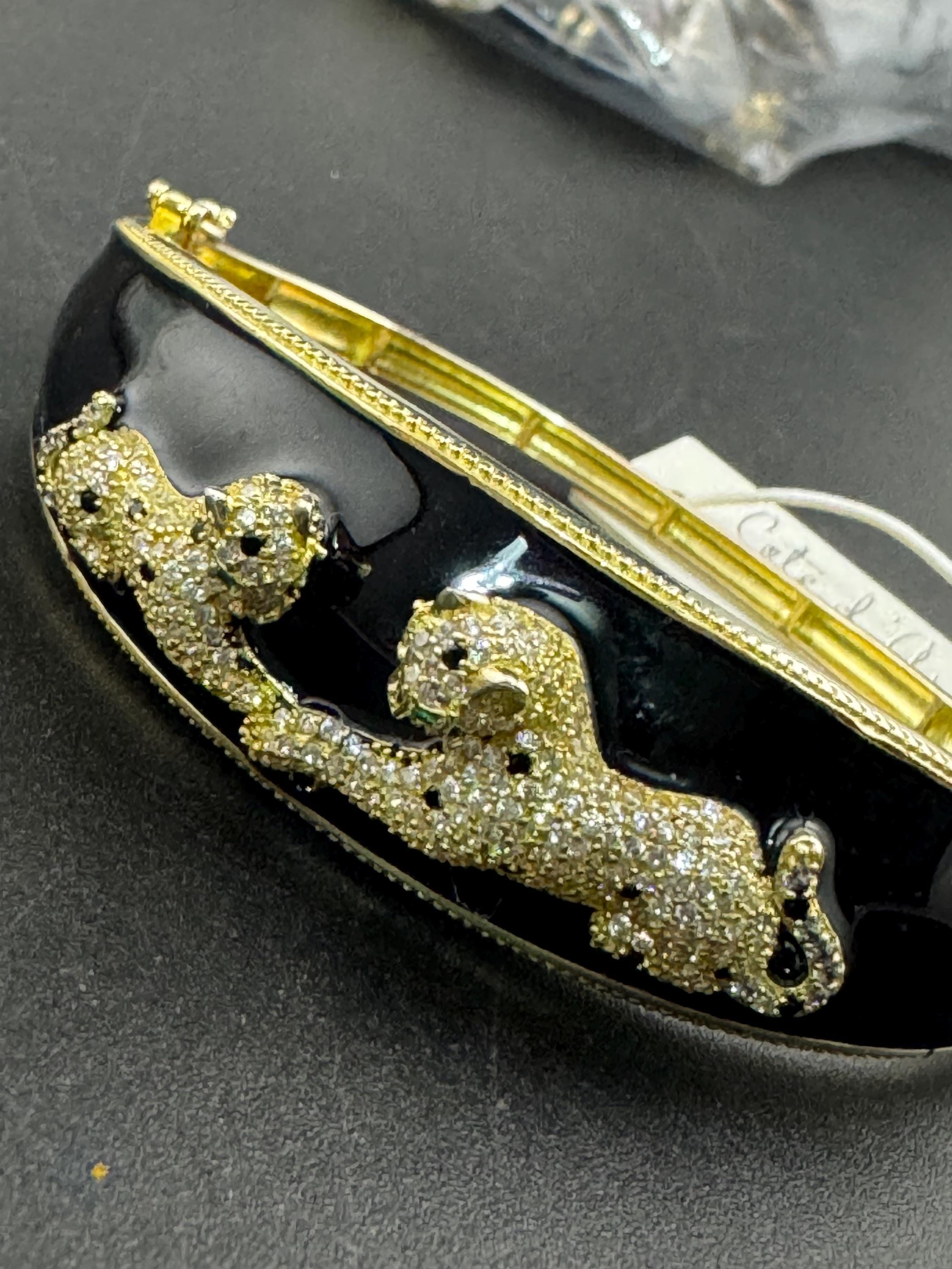 Black Enamel Leopard Bangle, Gold Vermeil Sterling Silver, CZ Hinged Bracelet