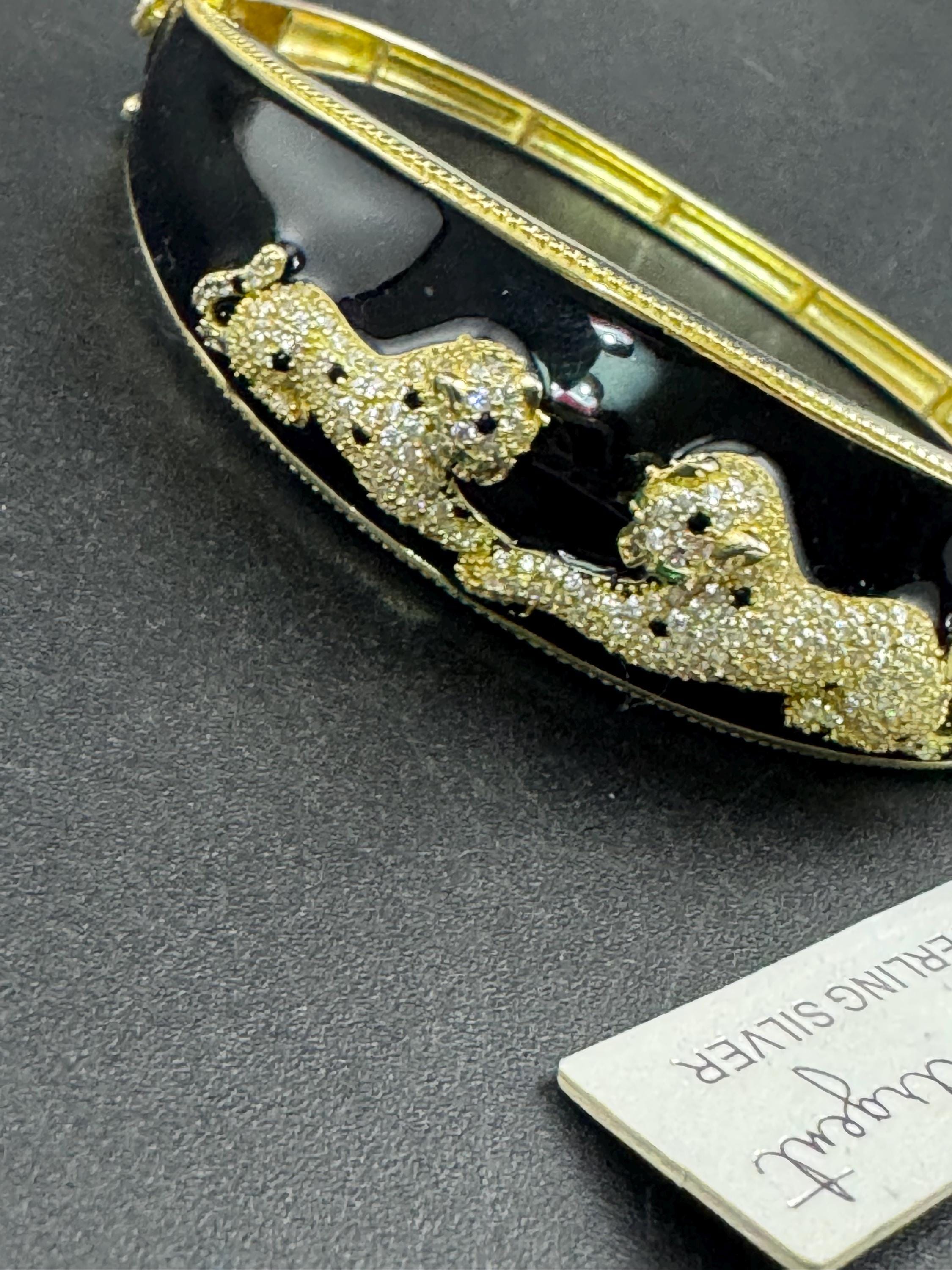 Black Enamel Leopard Bangle, Gold Vermeil Sterling Silver, CZ Hinged Bracelet