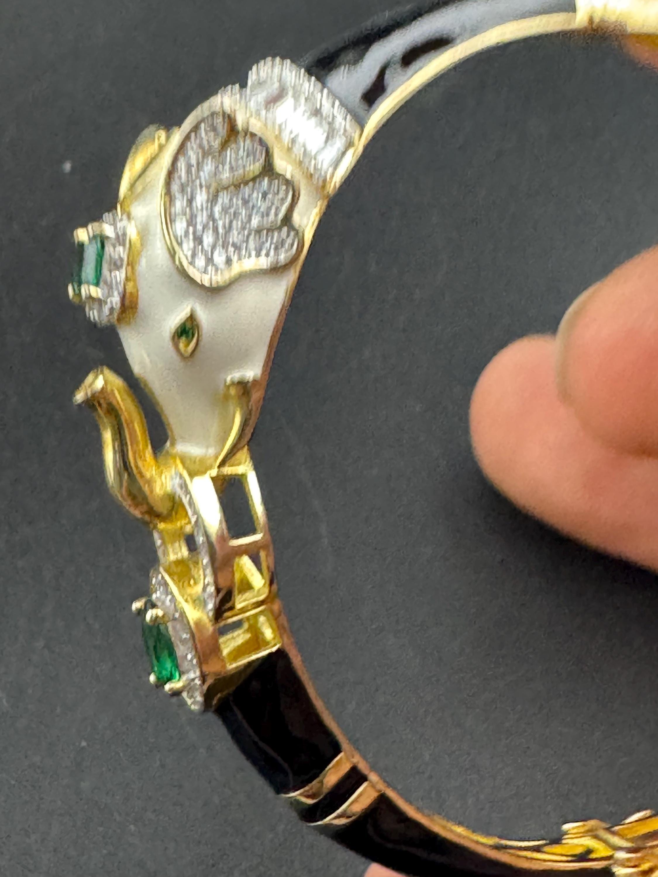 Enamel Elephant Bangle, CZ, Gold over Sterling Silver