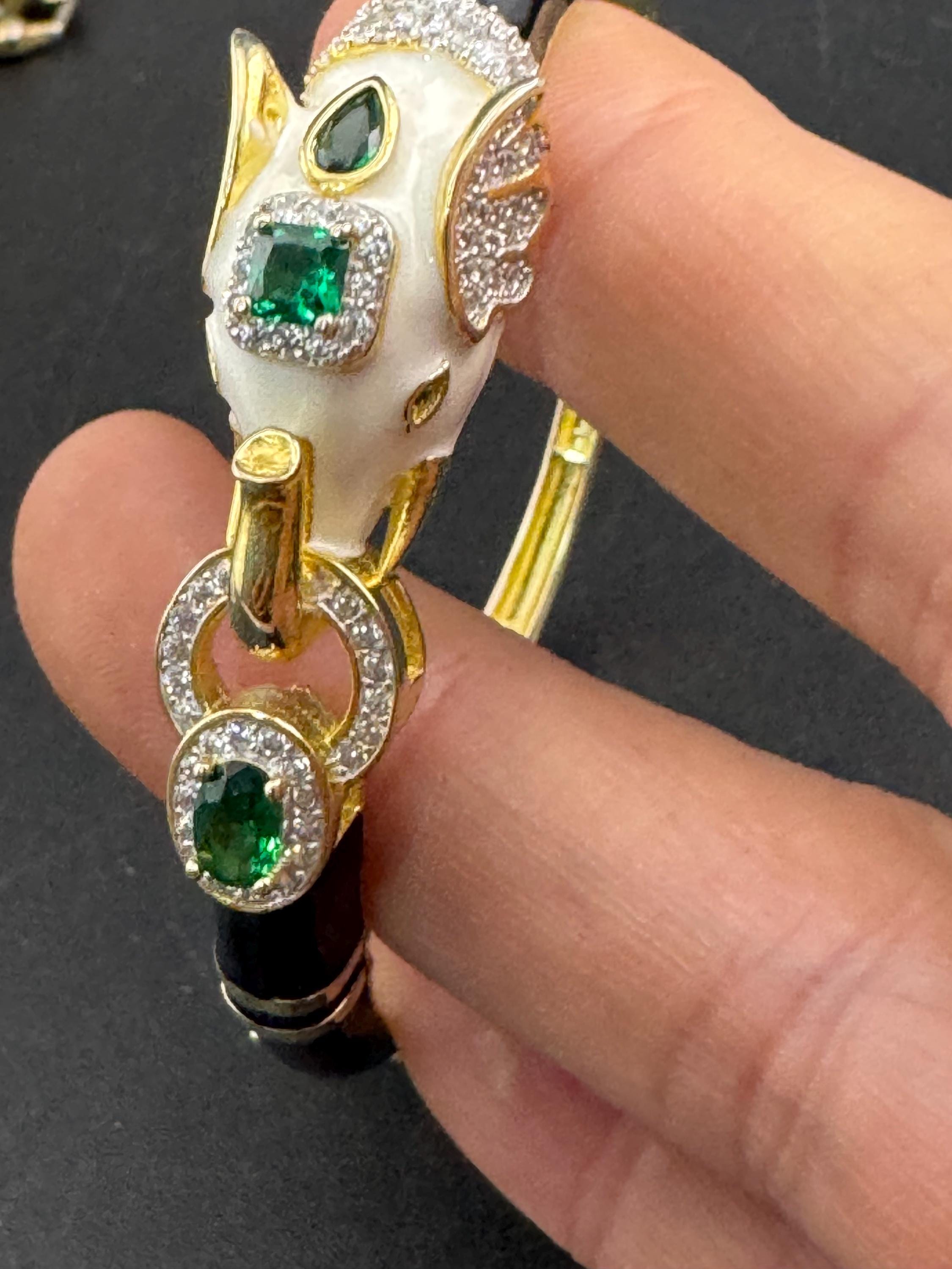 Enamel Elephant Bangle, CZ, Gold over Sterling Silver