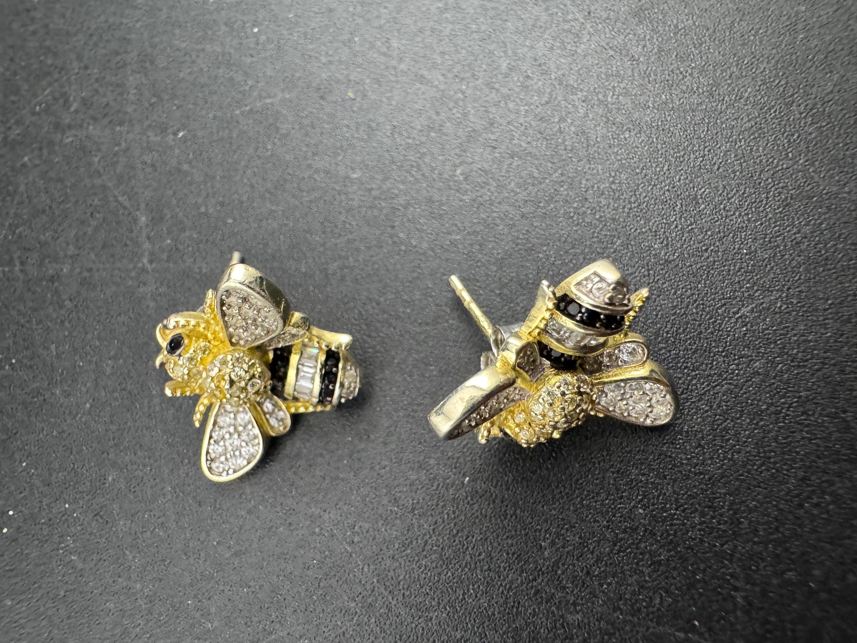 925 gold vermeil cz enamel Bee stud earrings, sterling silver by cote d argent