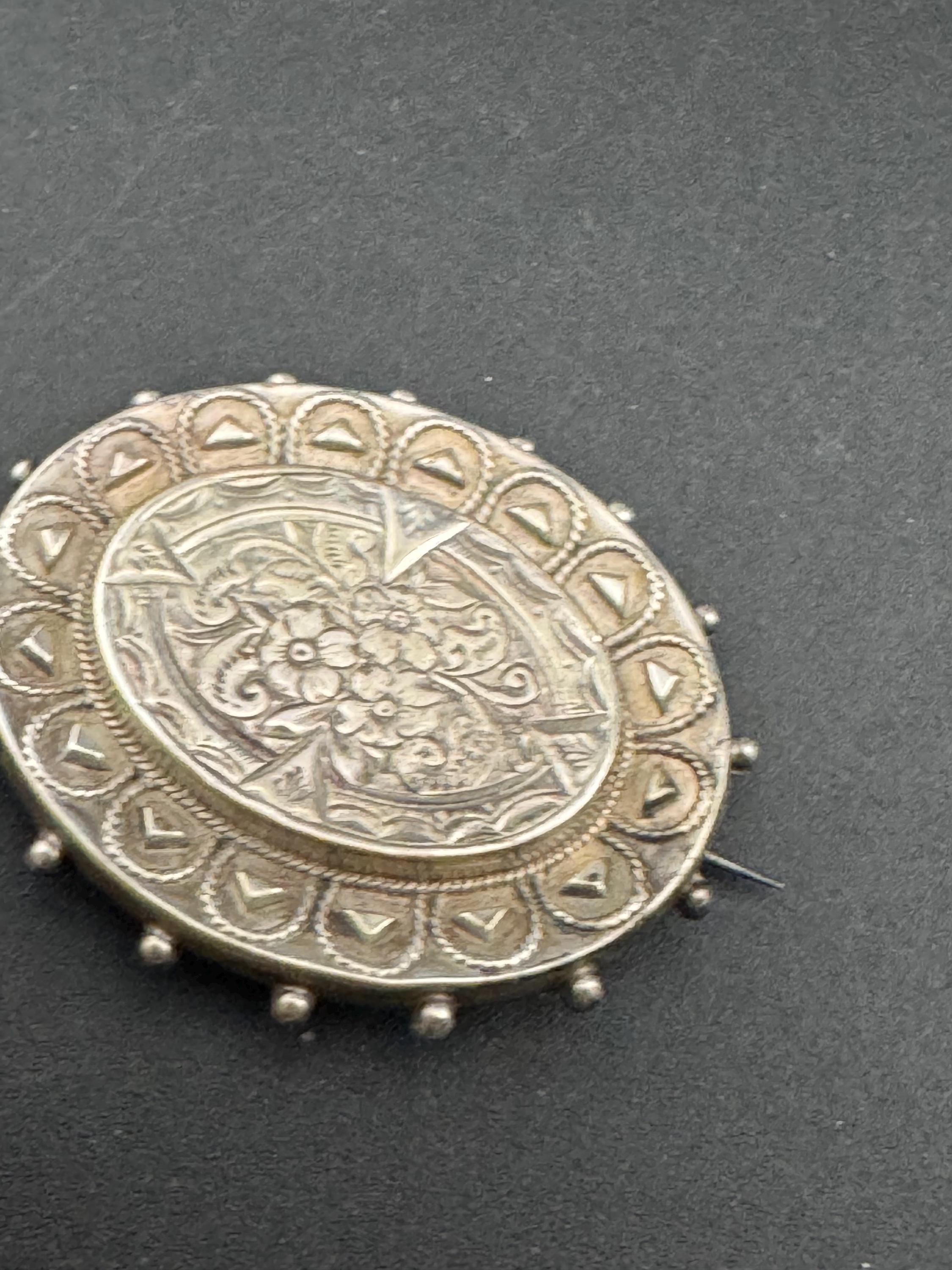 Victorian Etched Mourning Brooch, White Metal Oval