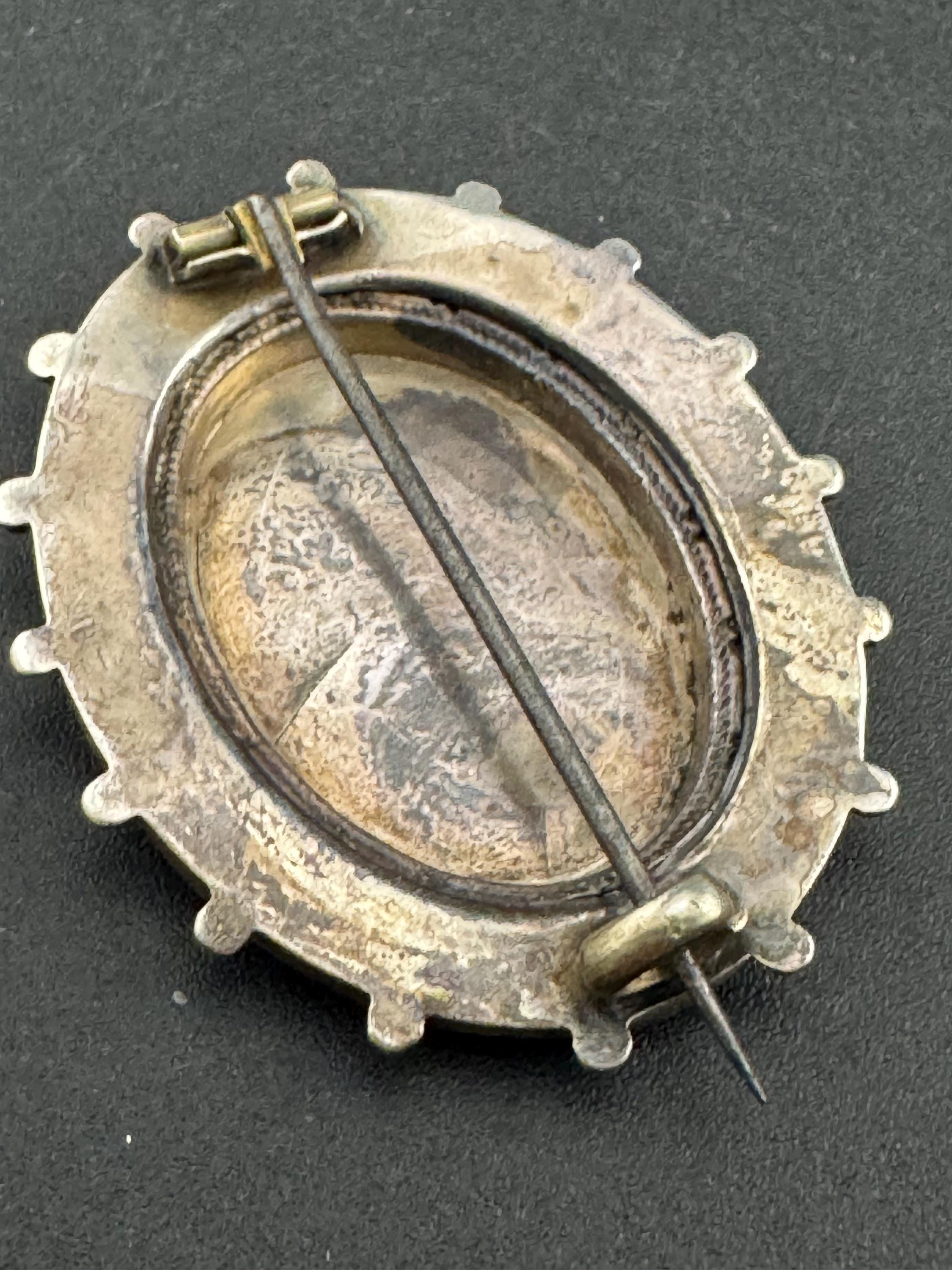 Victorian Etched Mourning Brooch, White Metal Oval