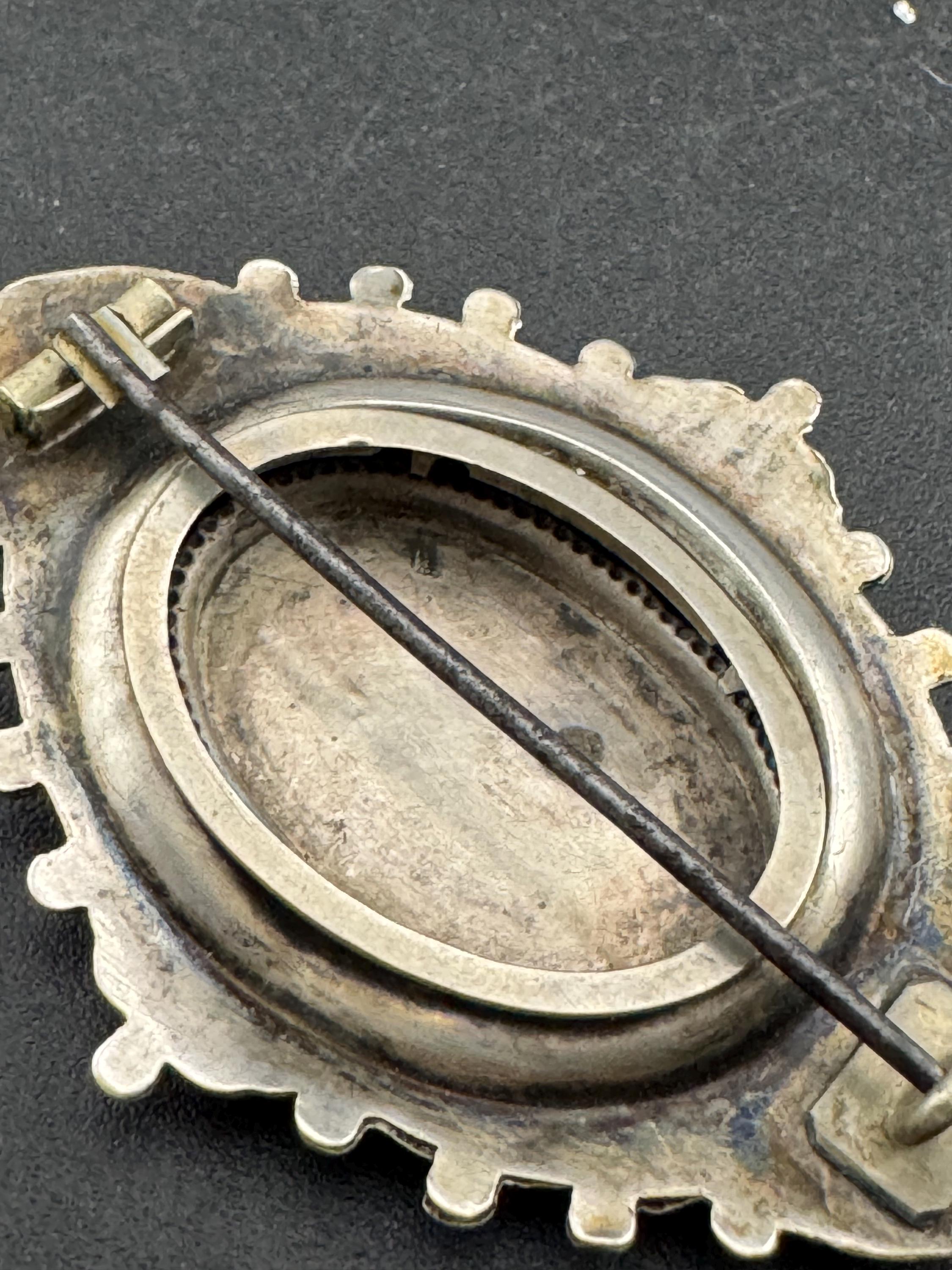 Victorian white metal oval etched mourning brooch,  aesthetic period