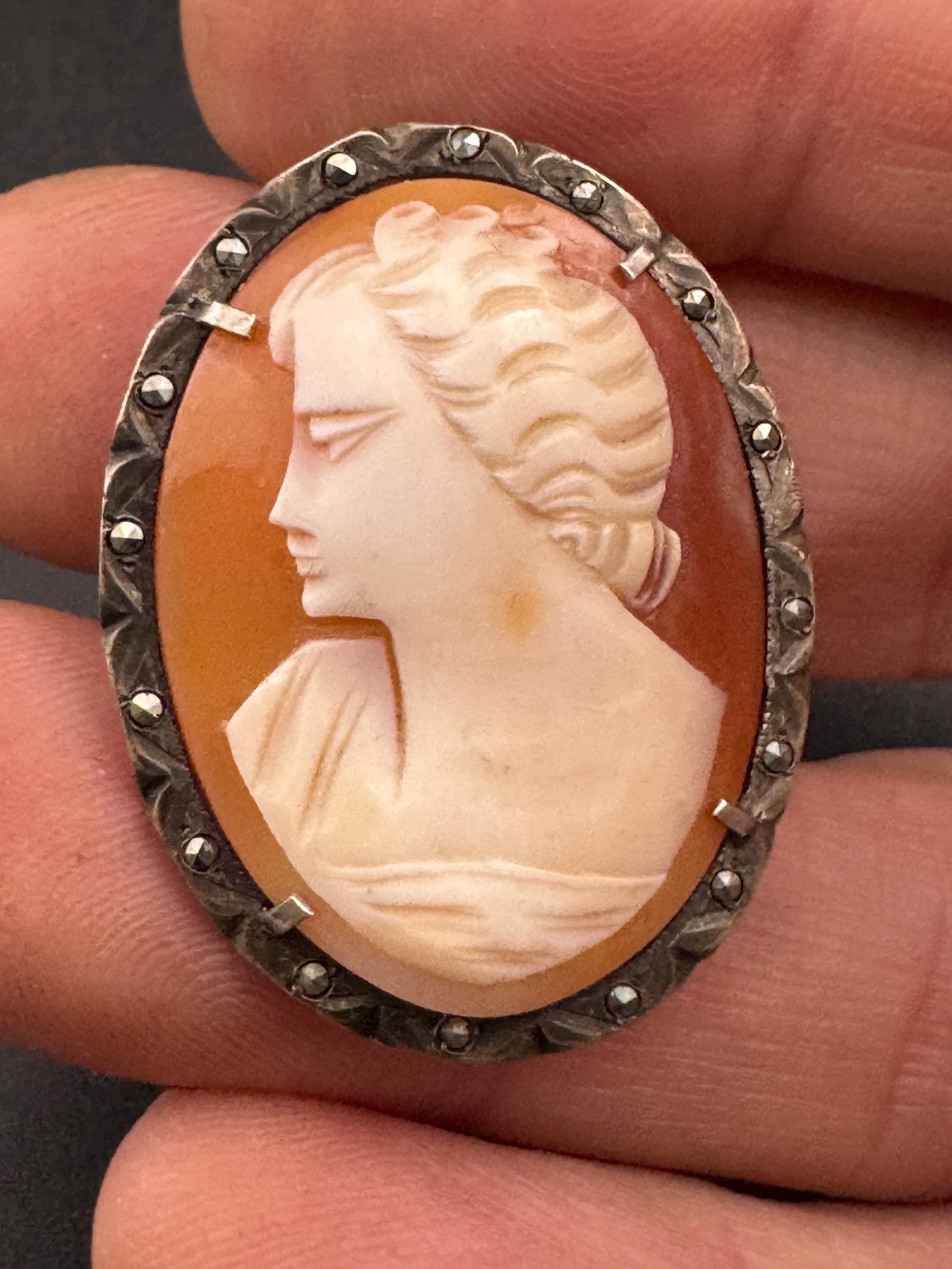 Antique Carved Cameo Brooch: 800 Continental Silver, Art Deco