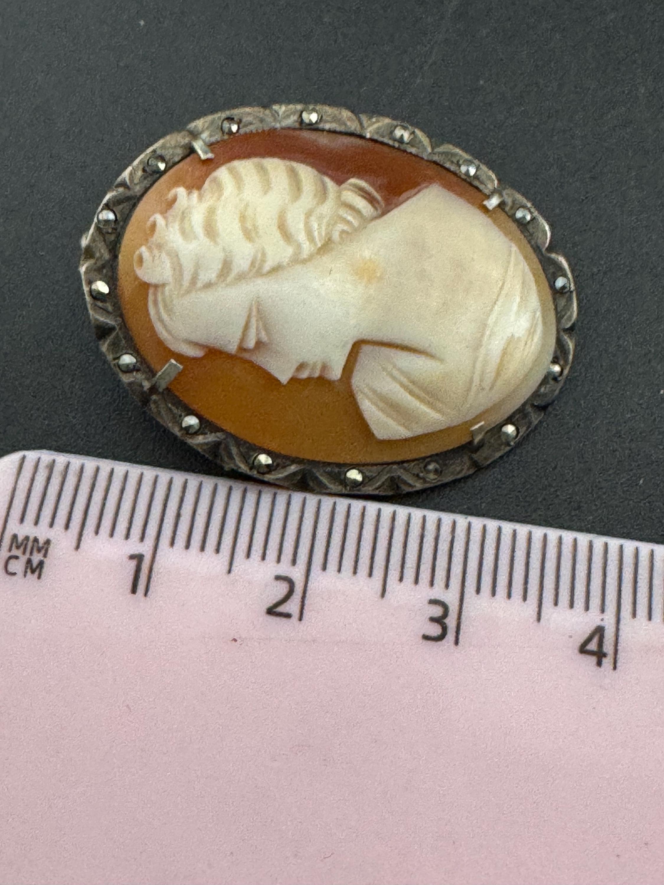 Antique Carved Cameo Brooch: 800 Continental Silver, Art Deco