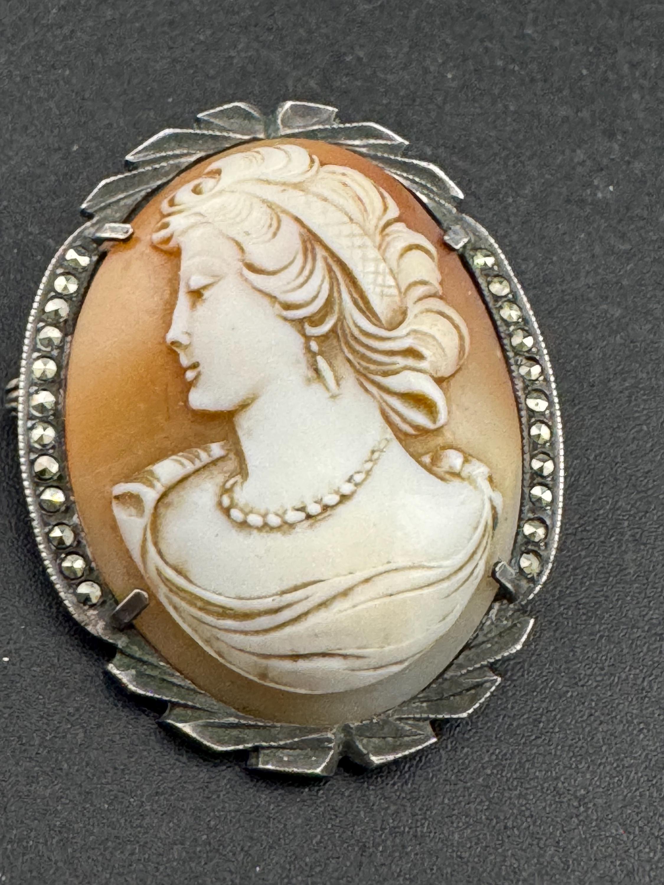 Antique Carved Cameo Brooch: 800 Continental Silver, Art Deco