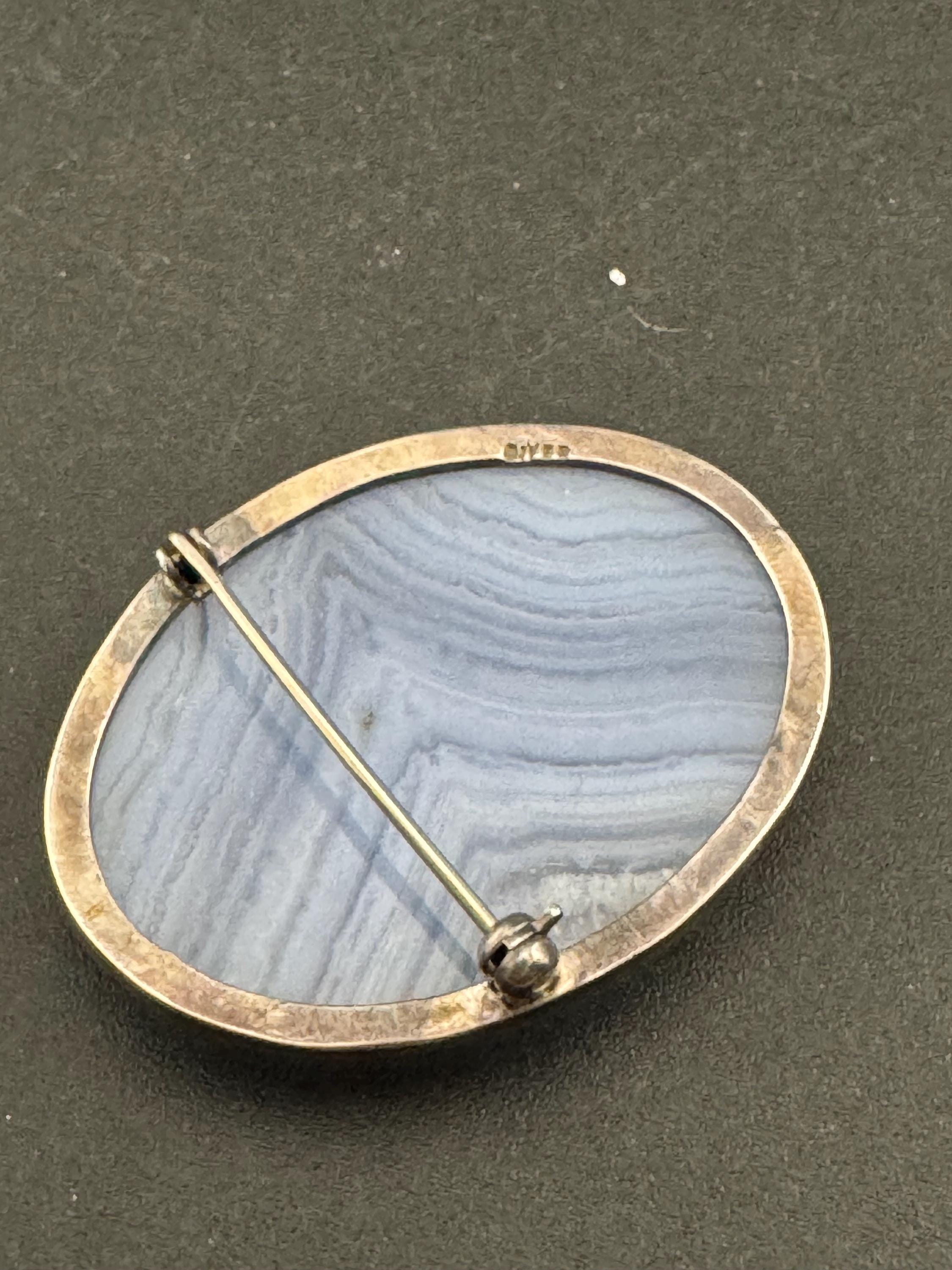 Antique silver white agate large oval brooch, 925 sterling