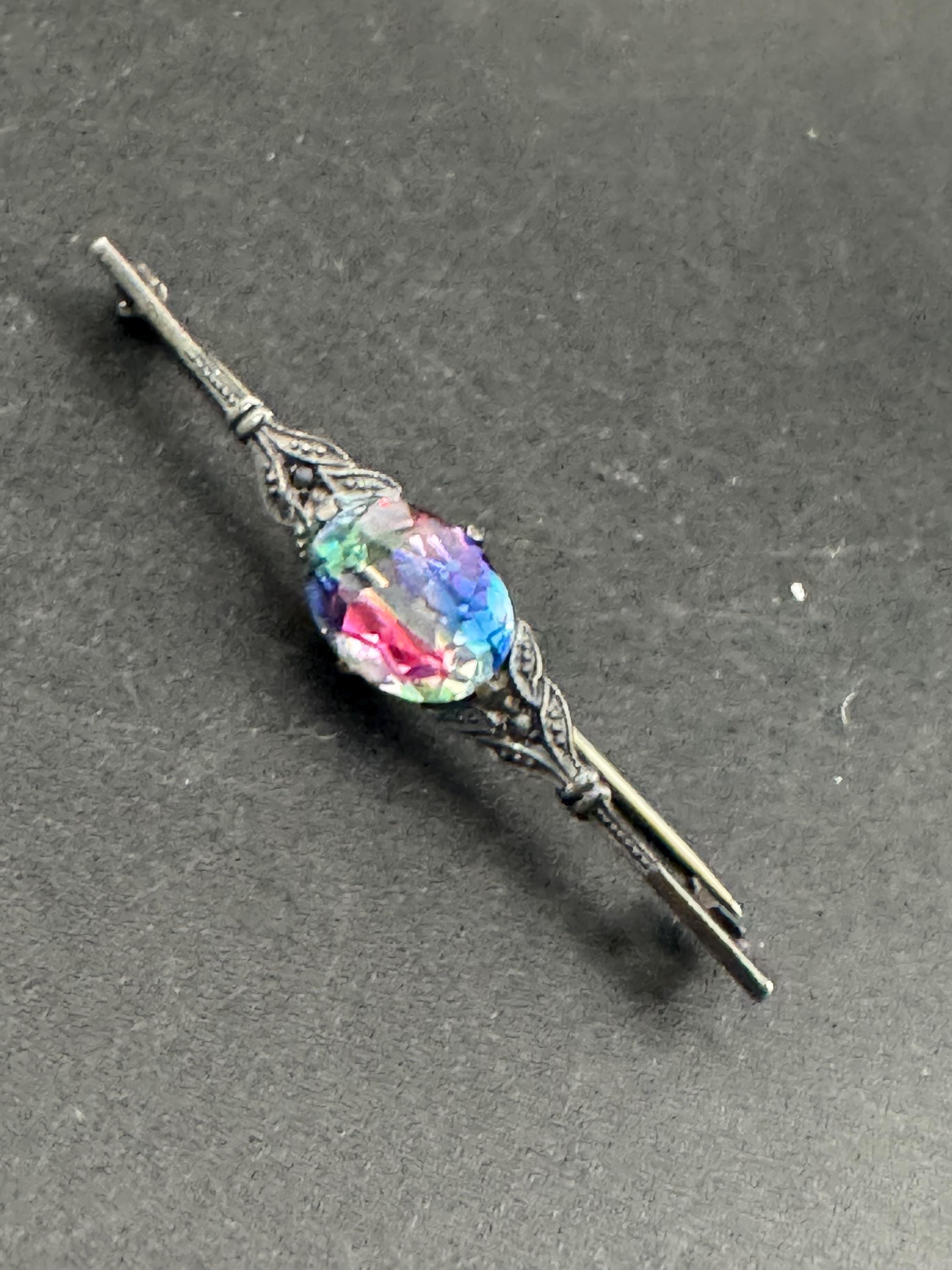 Antique Iris Glass 925 Silver Bar Brooch, Art Deco