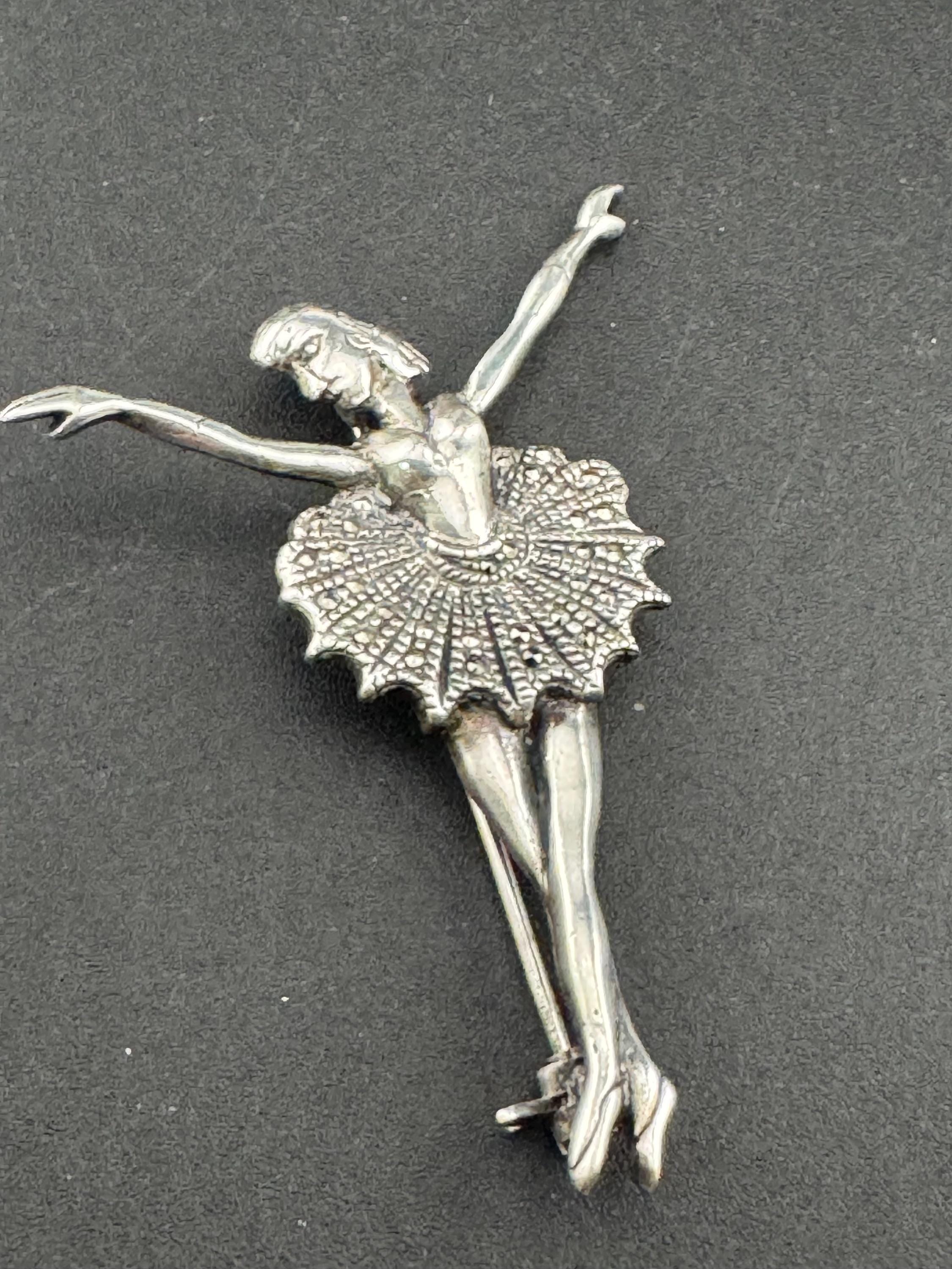 Vintage 925 marcasite ballerina dancer brooch, sterling silver