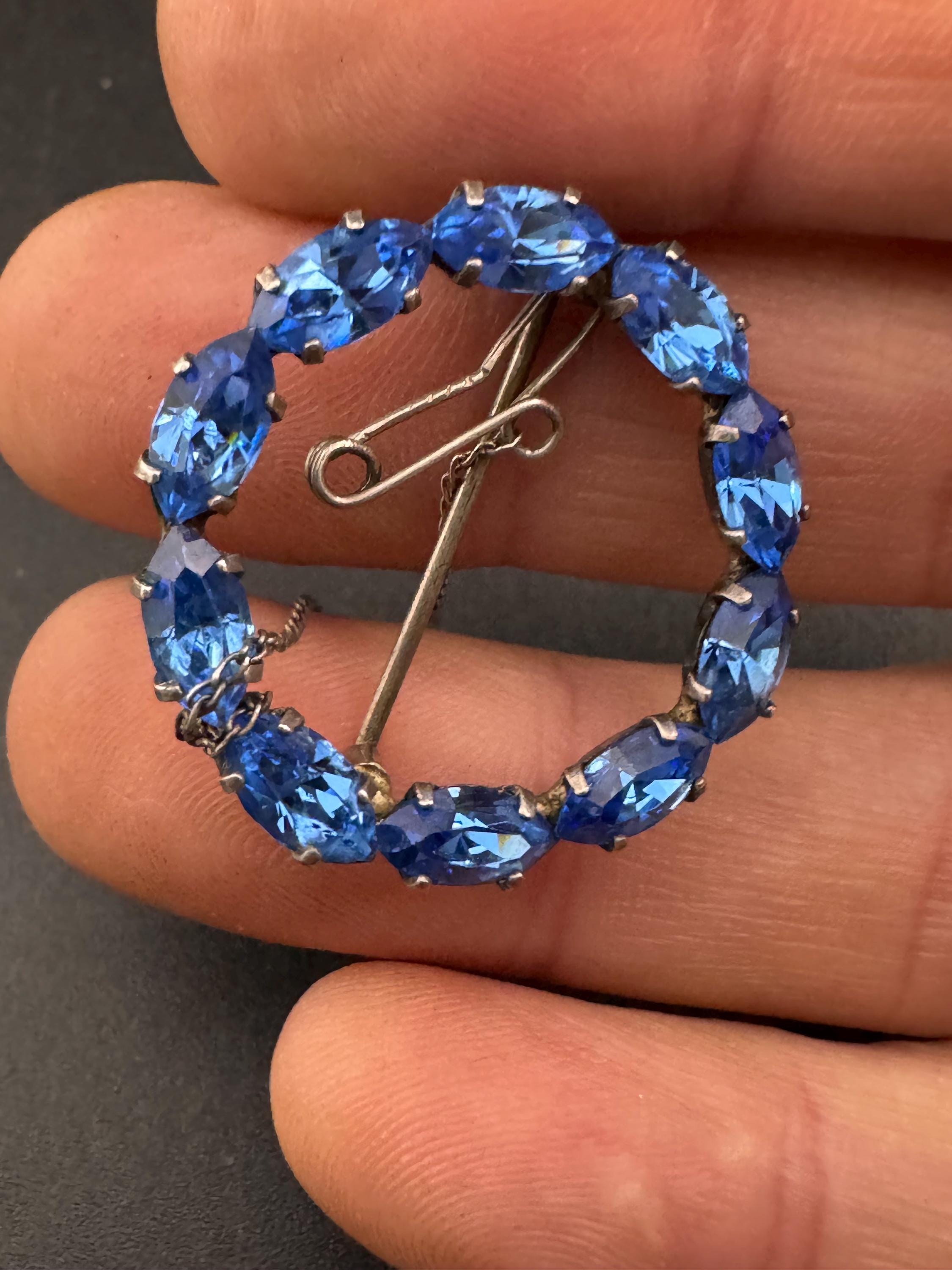 vintage 925 sapphire blue crystal round wreath brooch, sterling silver