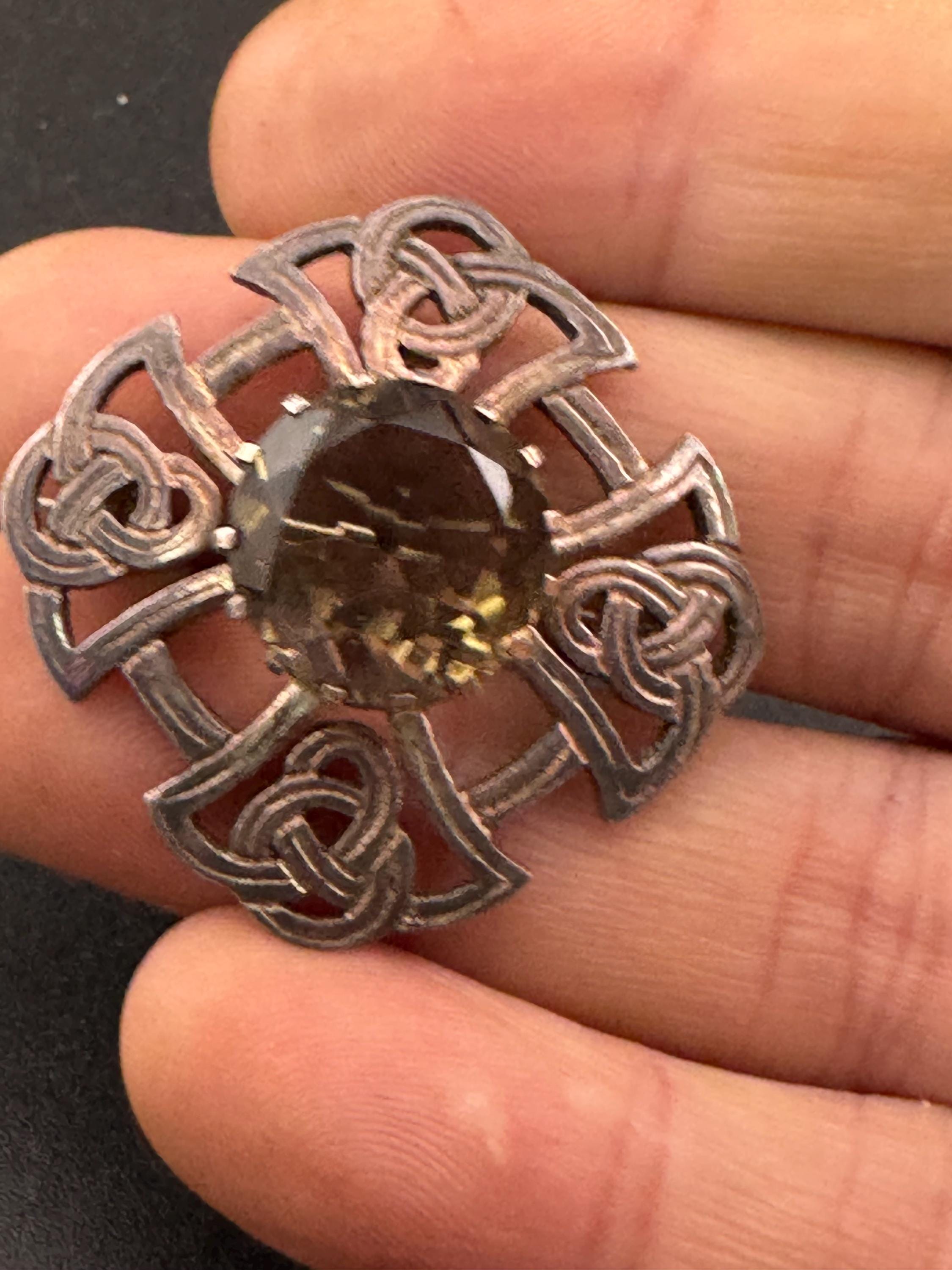 HE Smokey quartz gemstone sterling silver scottish celtic brooch, Thomas Kerr Ebbutt  1978