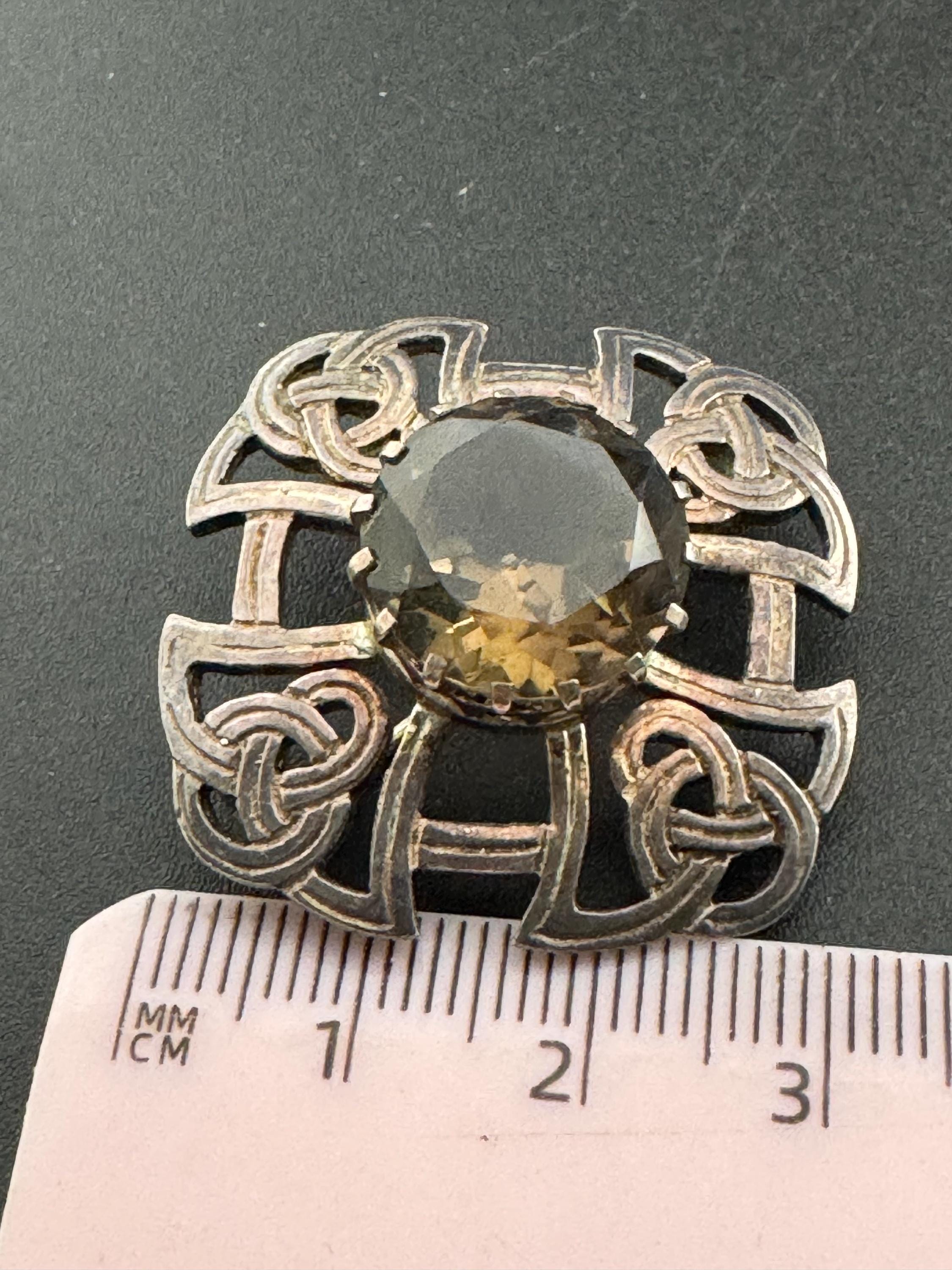 HE Smokey quartz gemstone sterling silver scottish celtic brooch, Thomas Kerr Ebbutt  1978