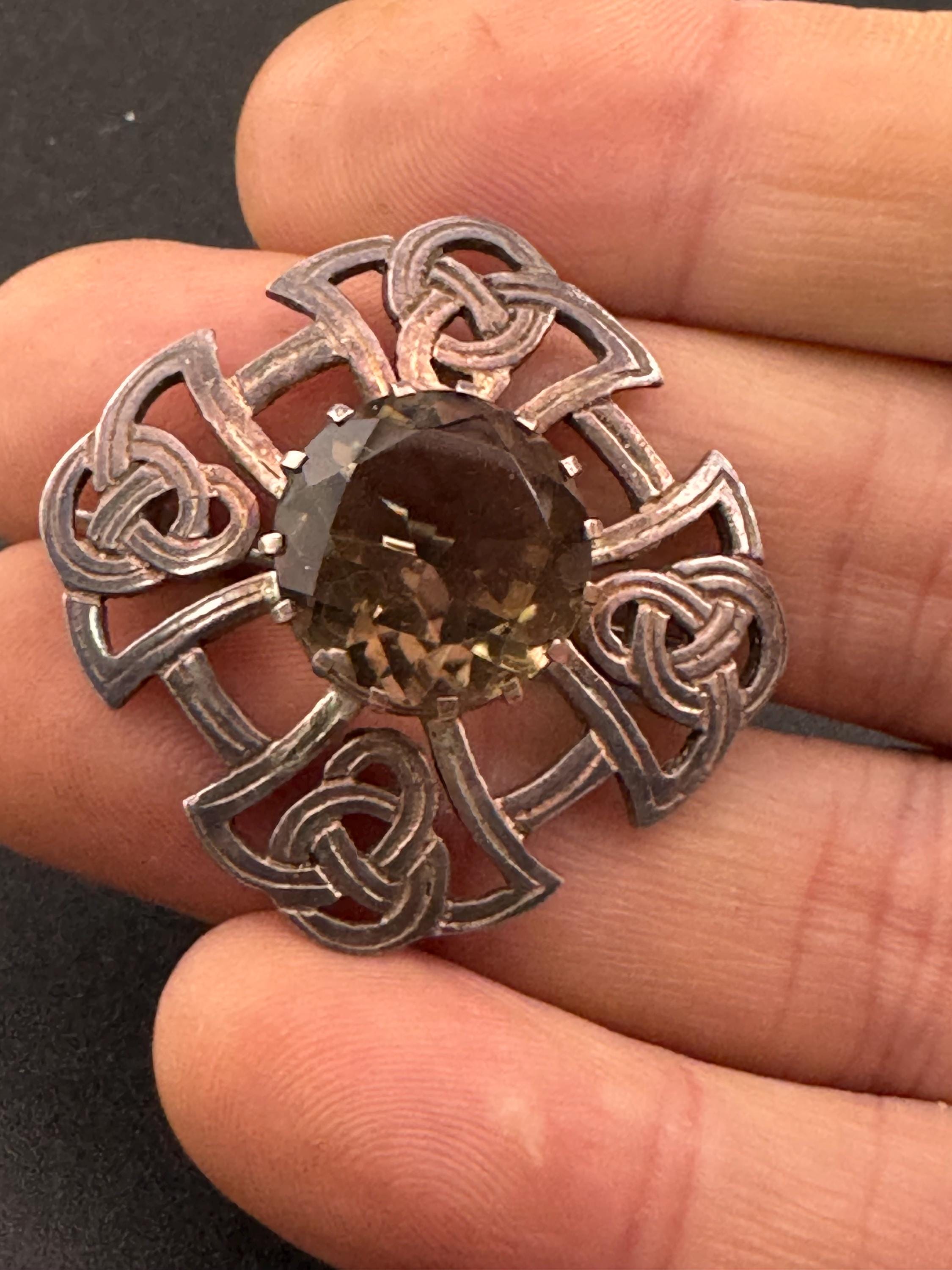 HE Smokey quartz gemstone sterling silver scottish celtic brooch, Thomas Kerr Ebbutt  1978