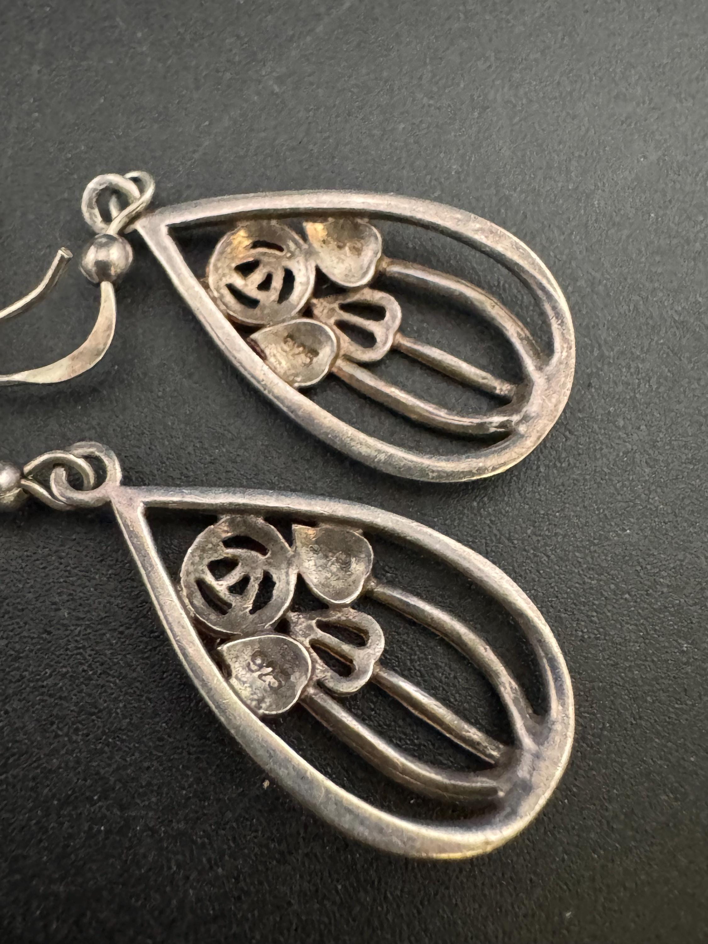 Vintage Sterling Silver drop Earrings, Art nouveau teardrop style 925