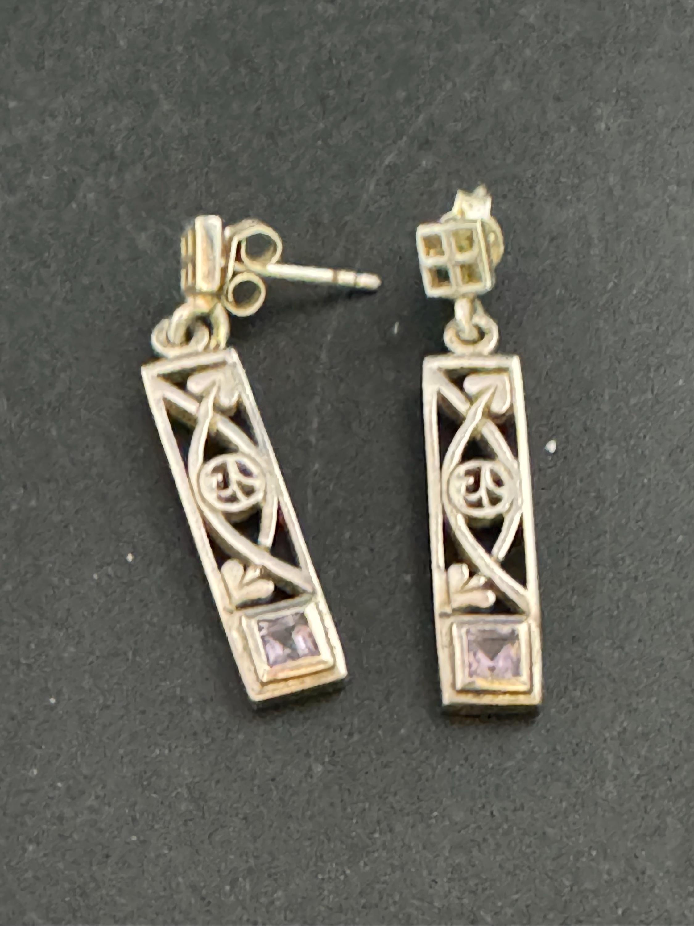 Vintage Sterling Silver amethyst drop Earrings, Art nouveau openwork 925