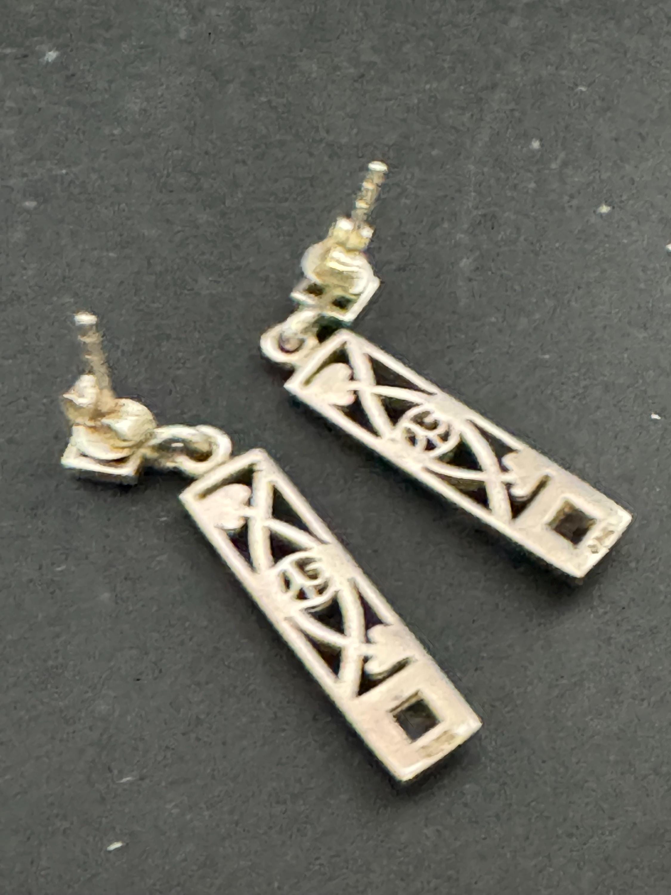 Vintage Sterling Silver amethyst drop Earrings, Art nouveau openwork 925