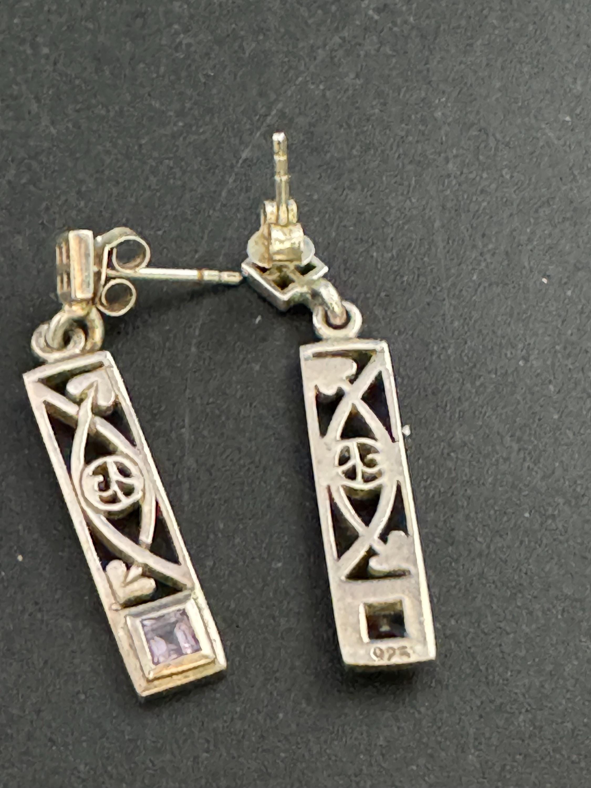 Vintage Sterling Silver amethyst drop Earrings, Art nouveau openwork 925