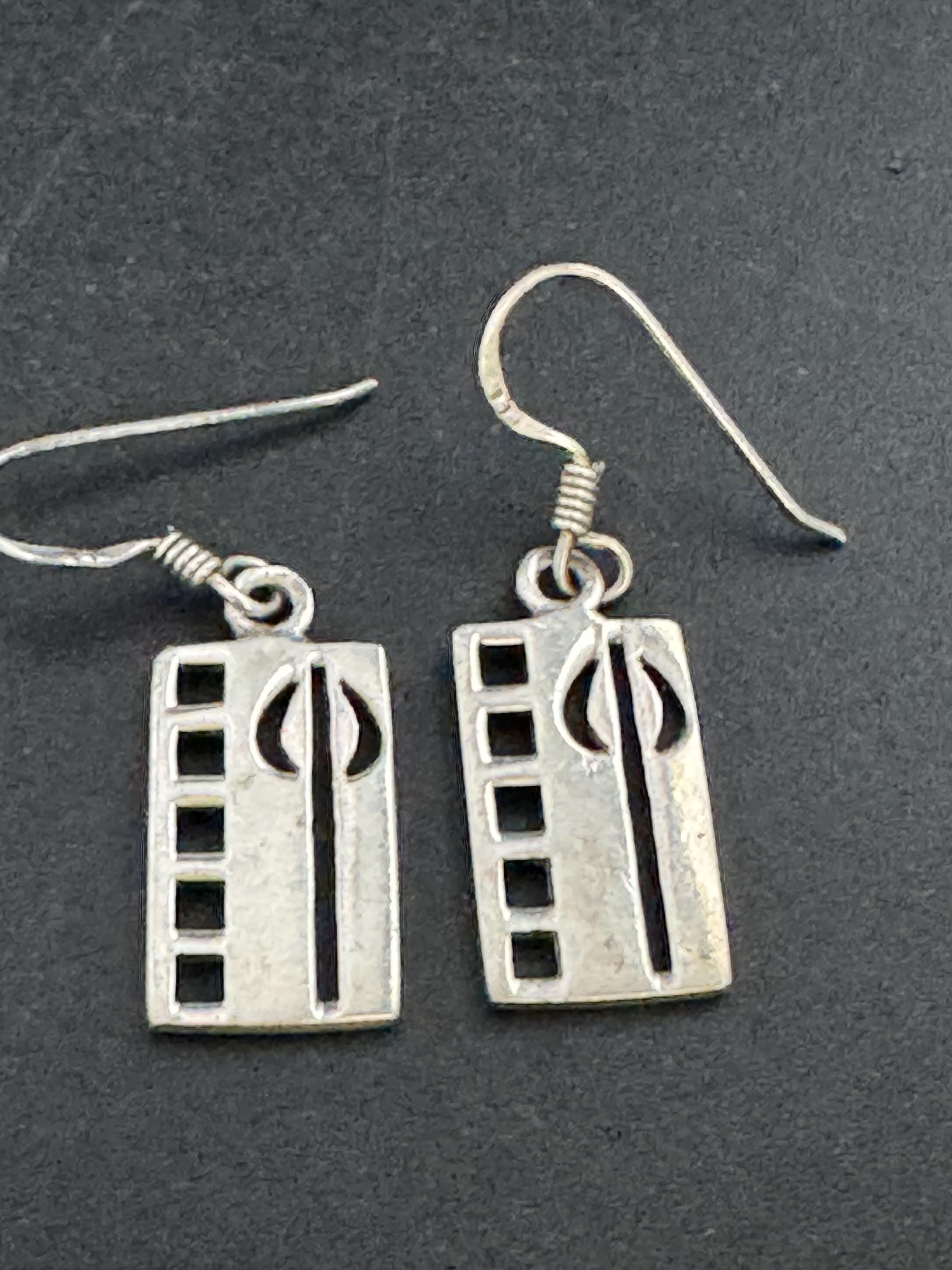 Vintage Sterling Silver rectangular drop Earrings, Art nouveau openwork 925