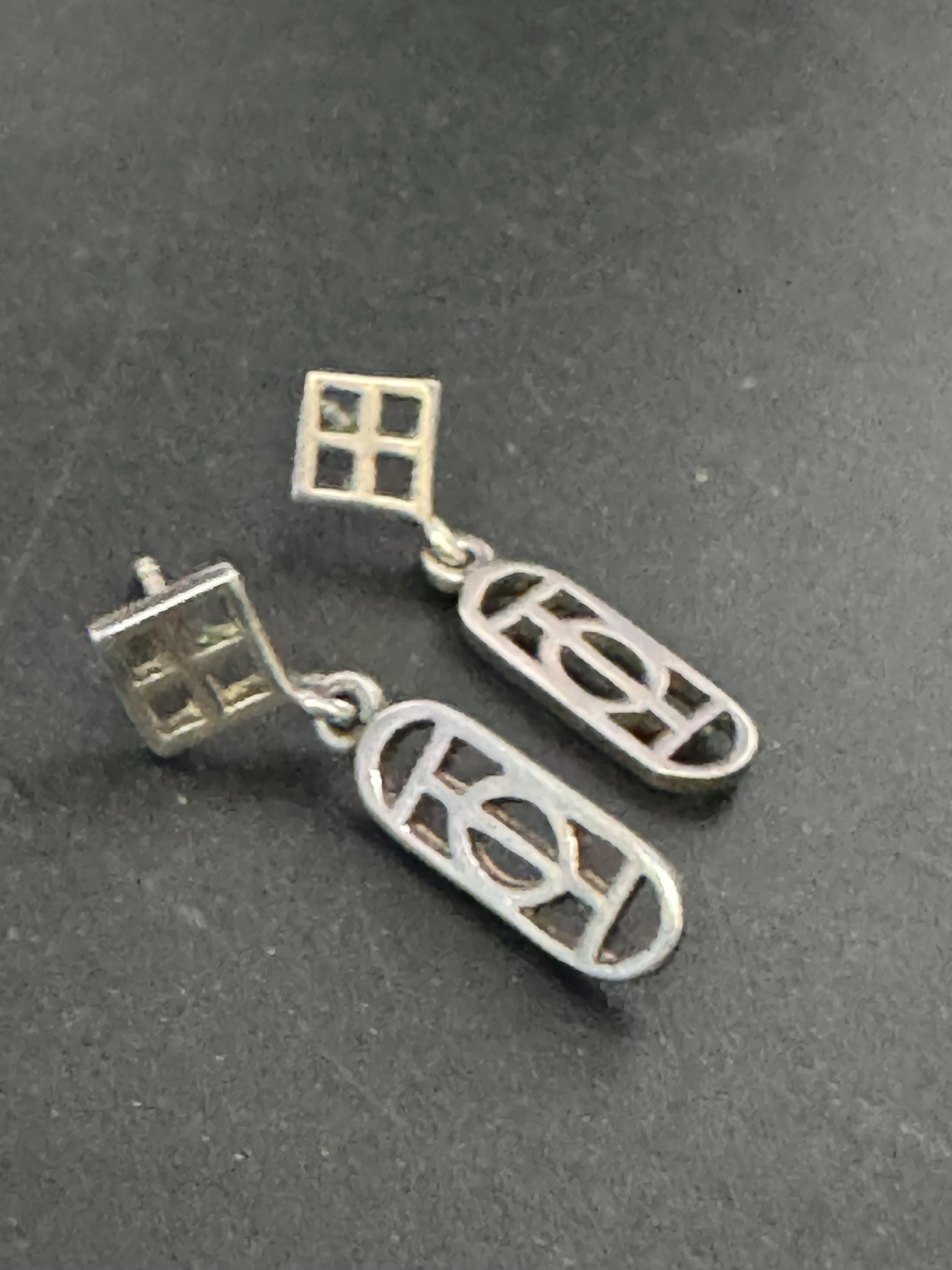 Vintage white metal rectangular drop Earrings, Art nouveau openwork not hallmarked but tested