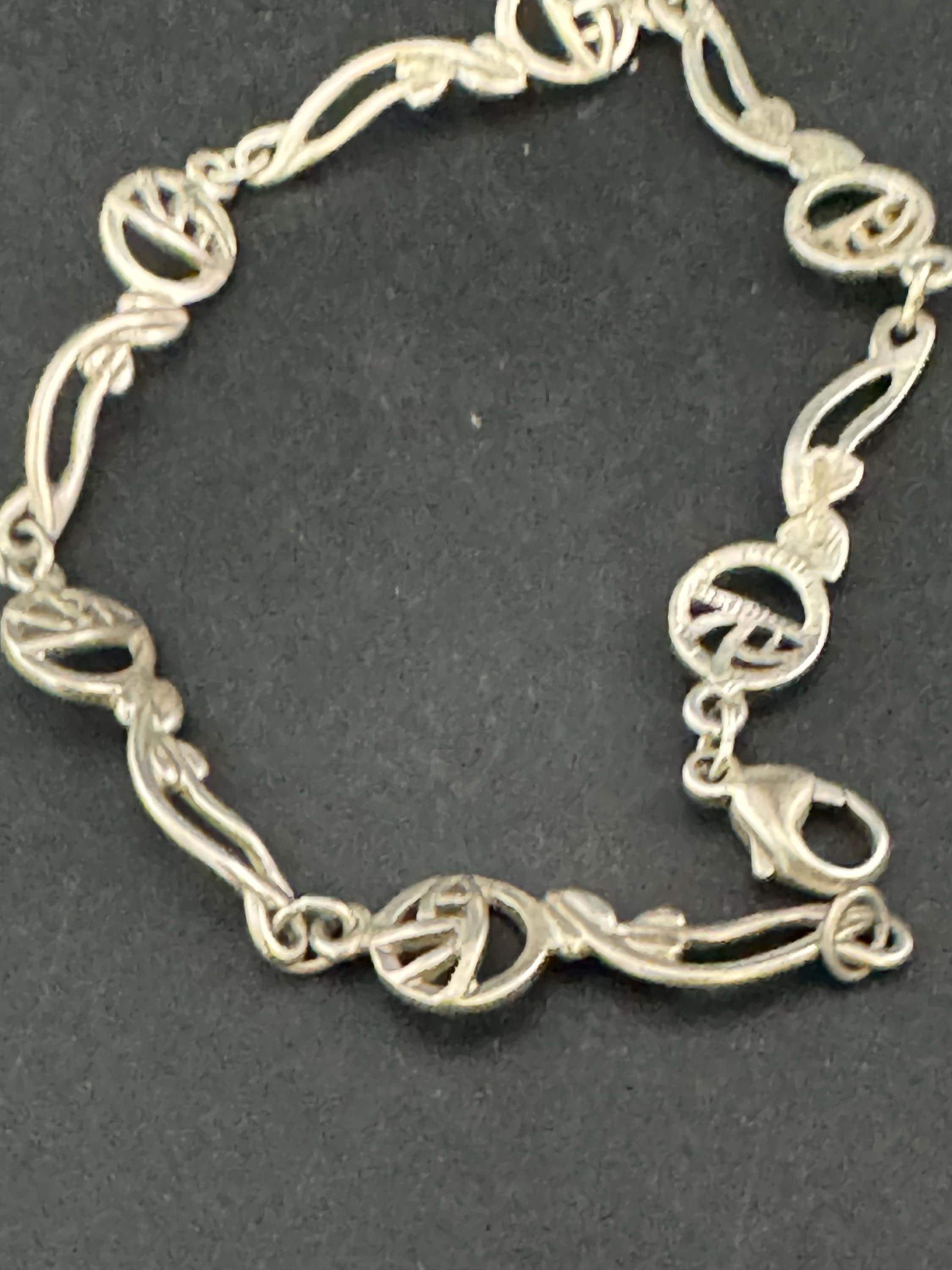 Vintage 925 Silver chain link floral bracelet, Rennie Mackintosh style