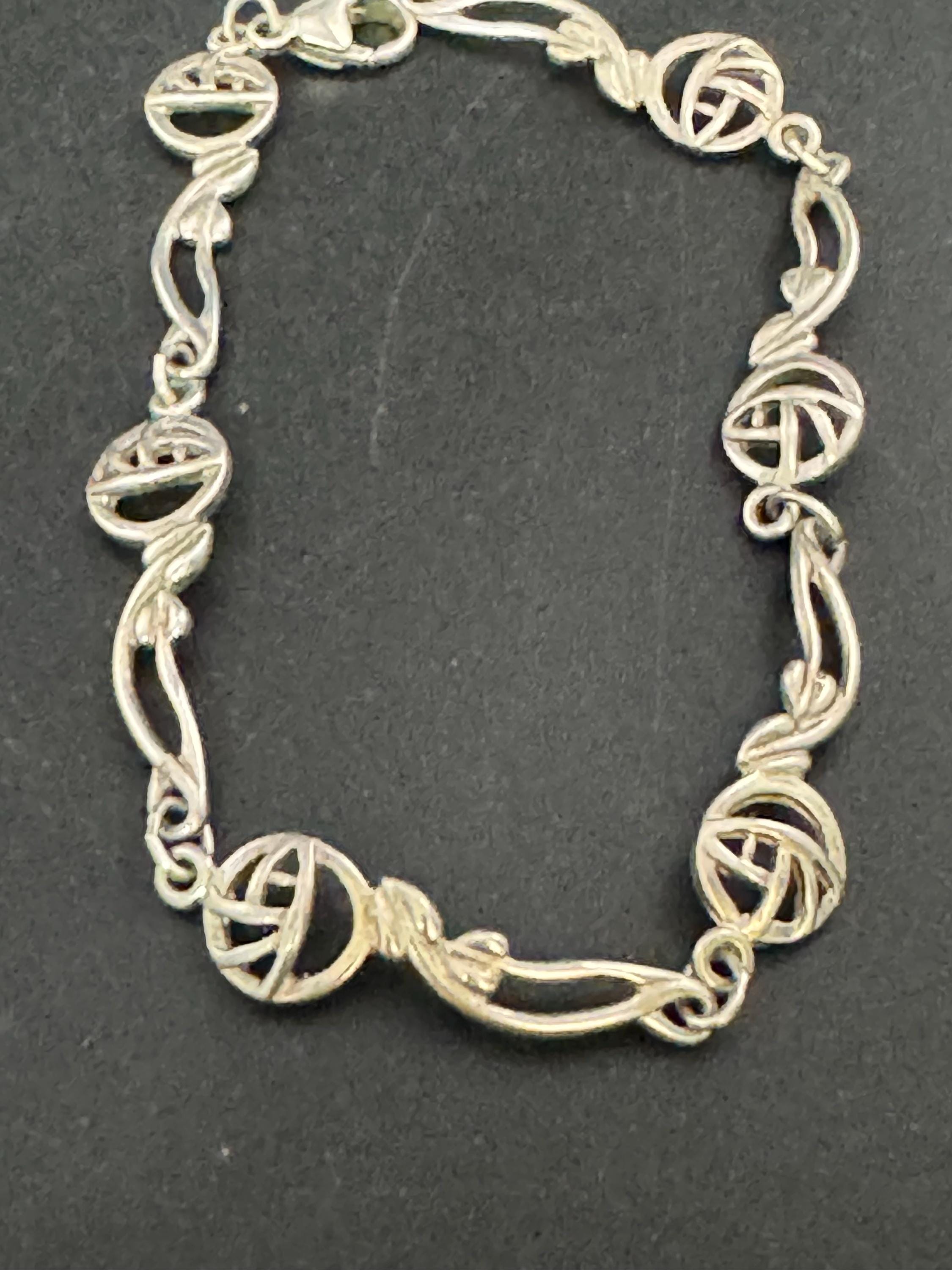 Vintage 925 Silver chain link floral bracelet, Rennie Mackintosh style