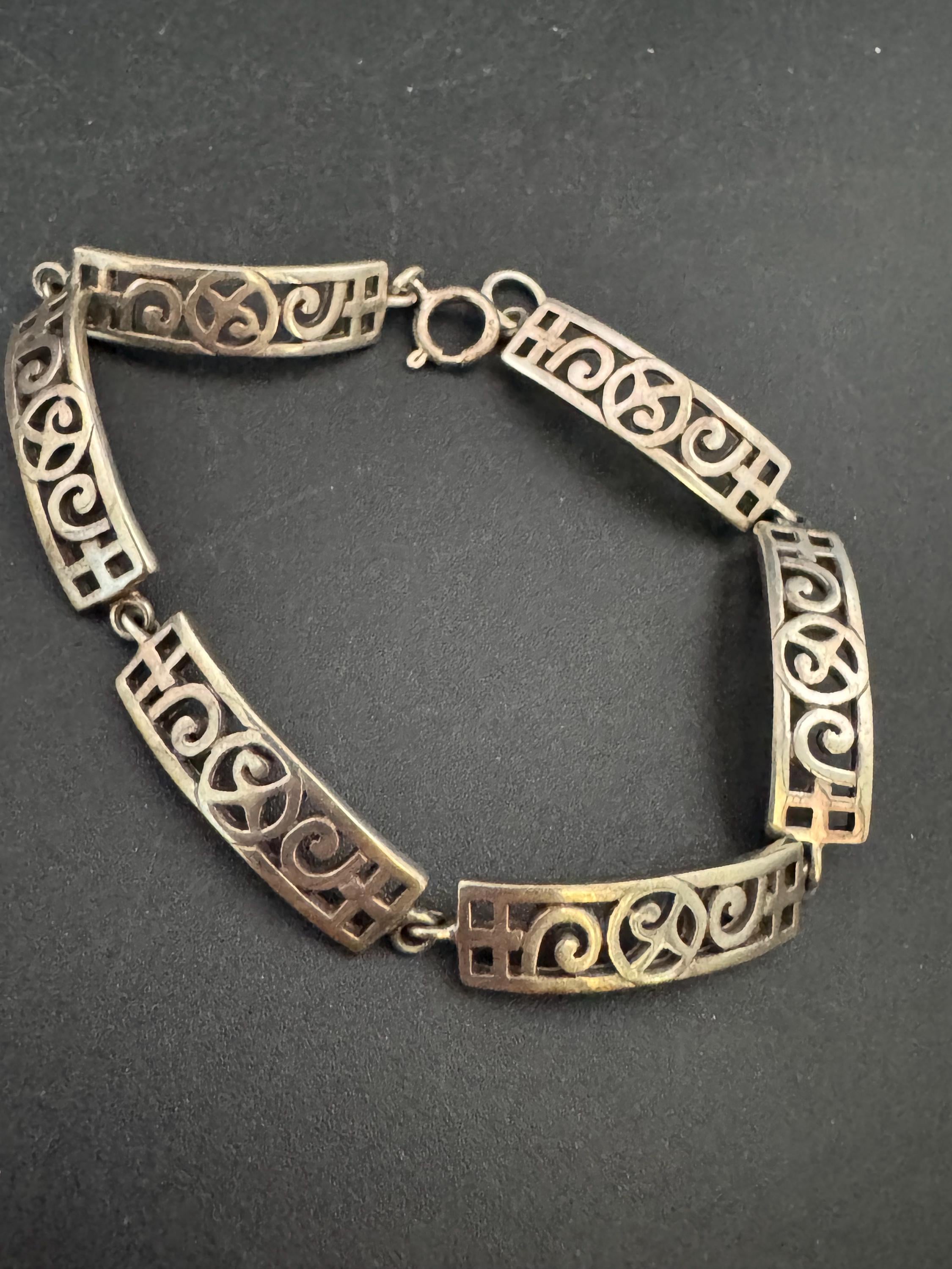 Vintage 925 Silver chain link bracelet, Rennie Mackintosh style 18cm