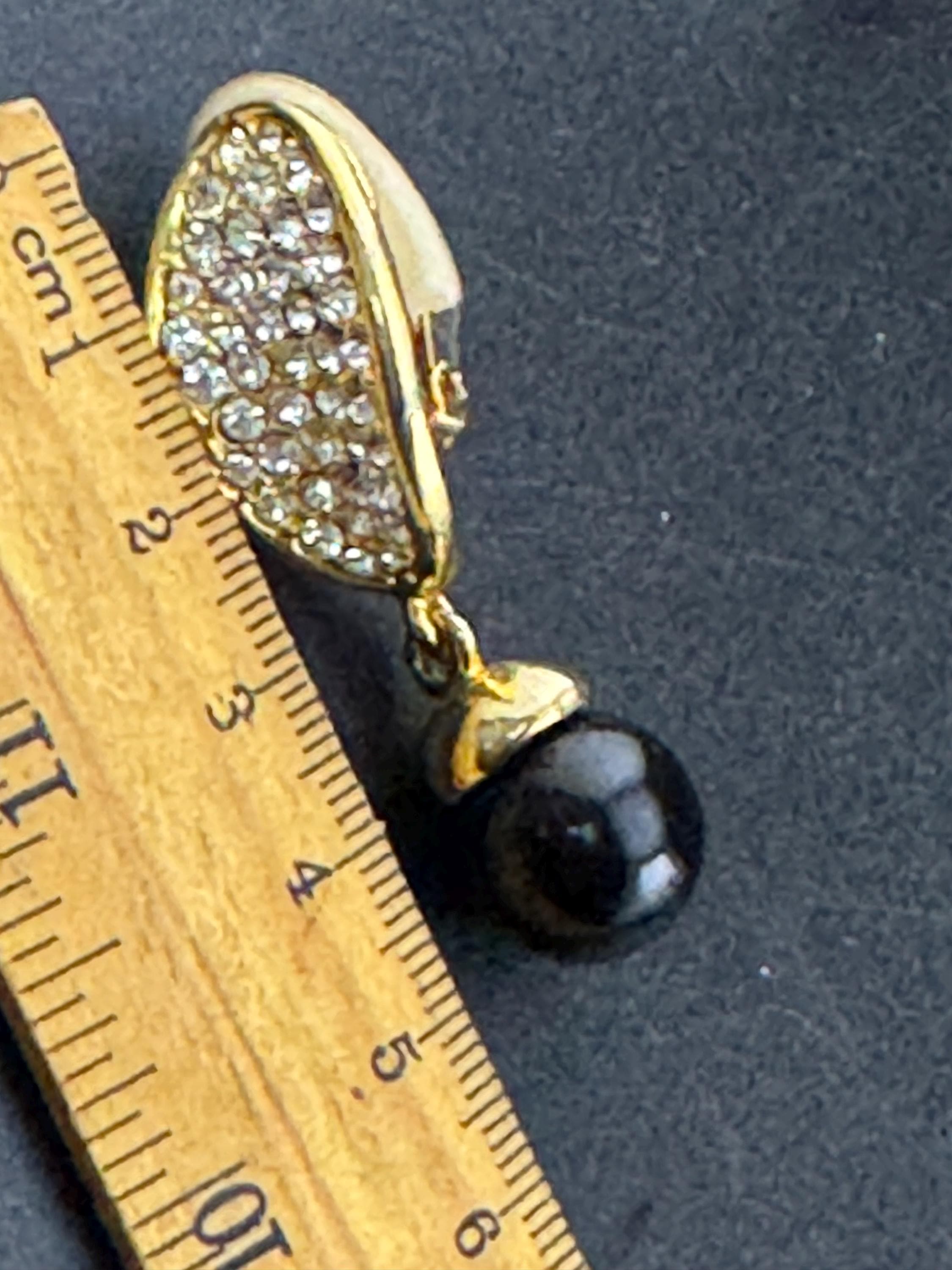 Vintage clear diamanté black ball clip on earrings, dangly drop