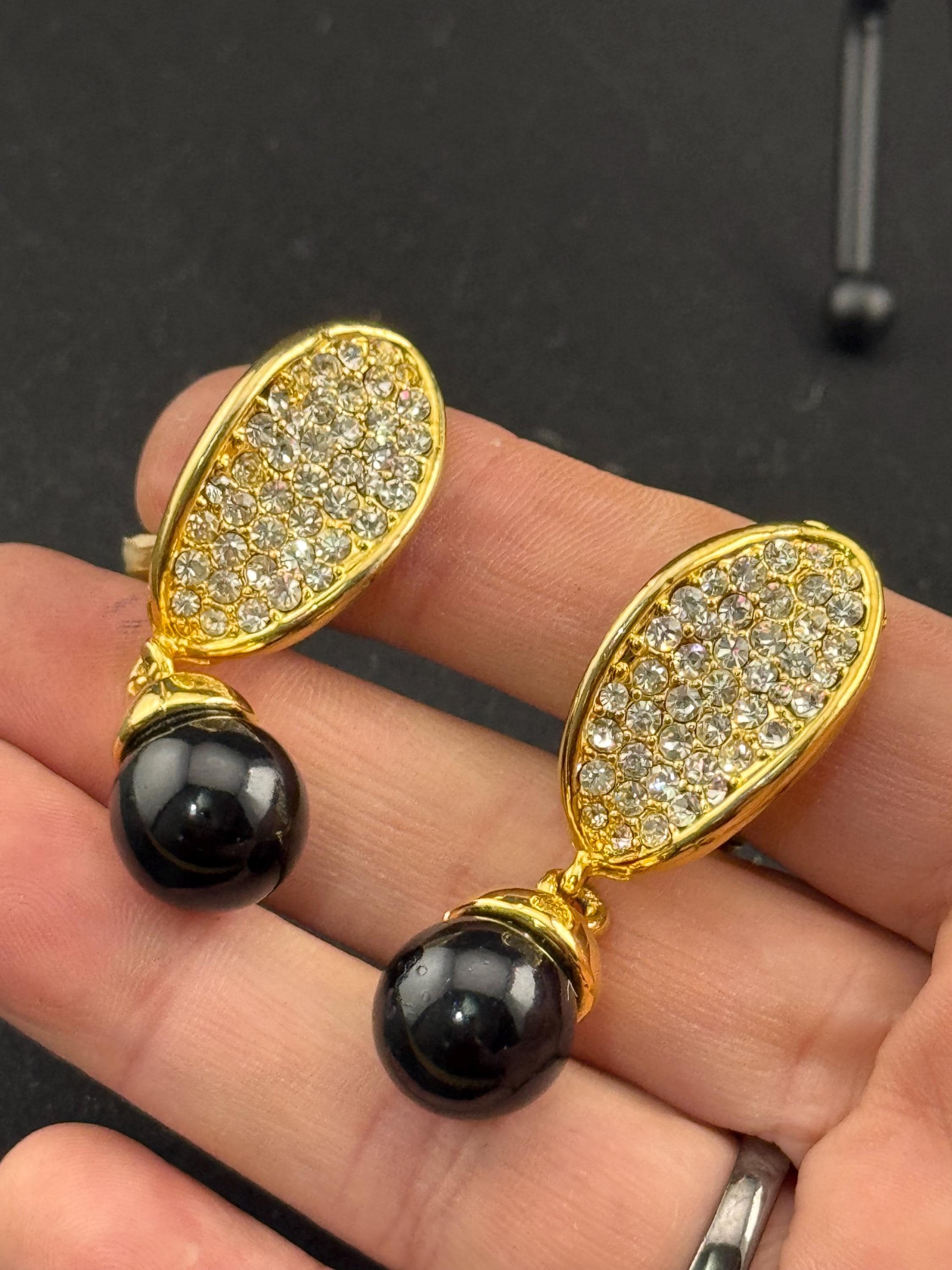 Vintage clear diamanté black ball clip on earrings, dangly drop