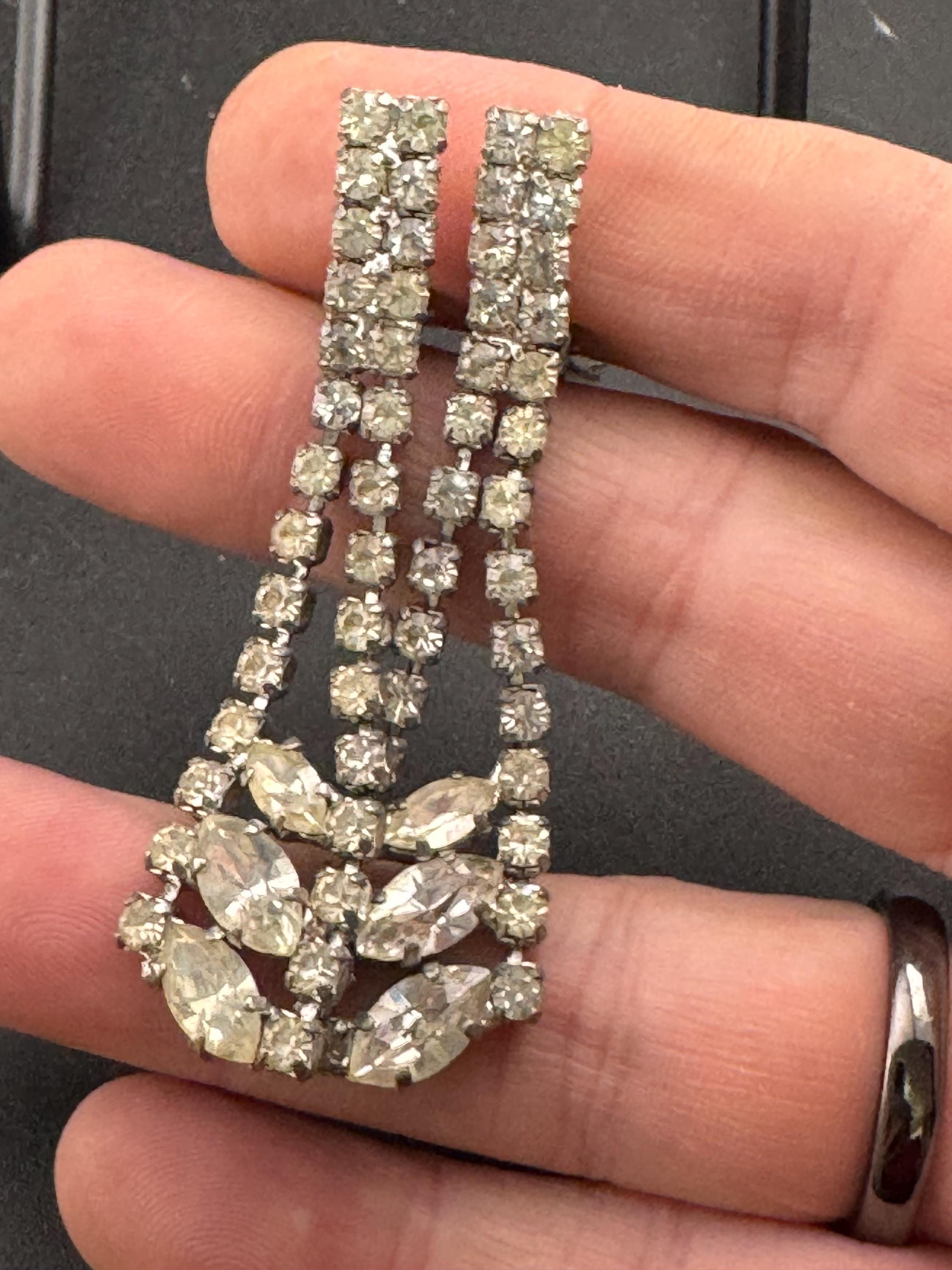 Vintage Rhinestone long Drop Clip on Earrings,  6cm silver tone