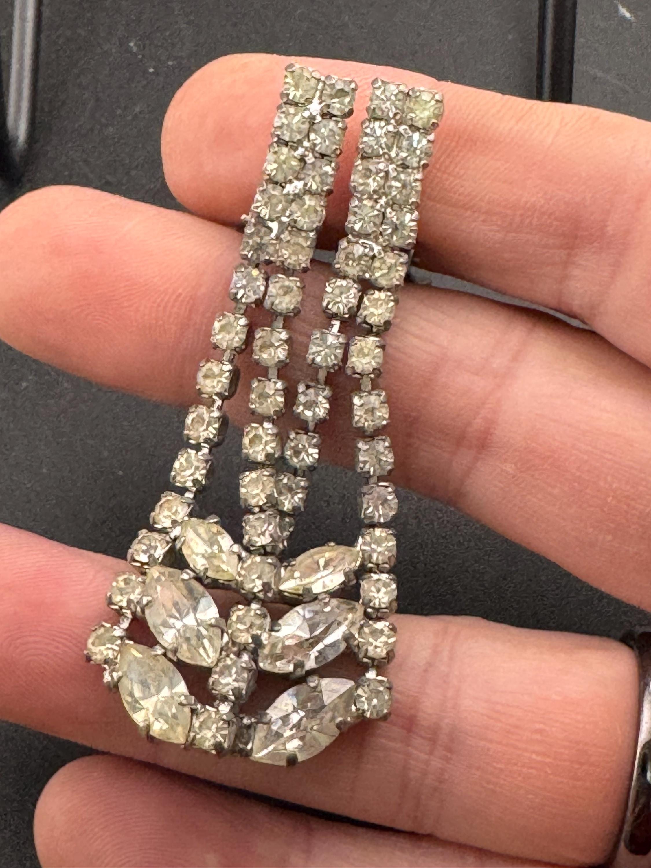 Vintage Rhinestone long Drop Clip on Earrings,  6cm silver tone