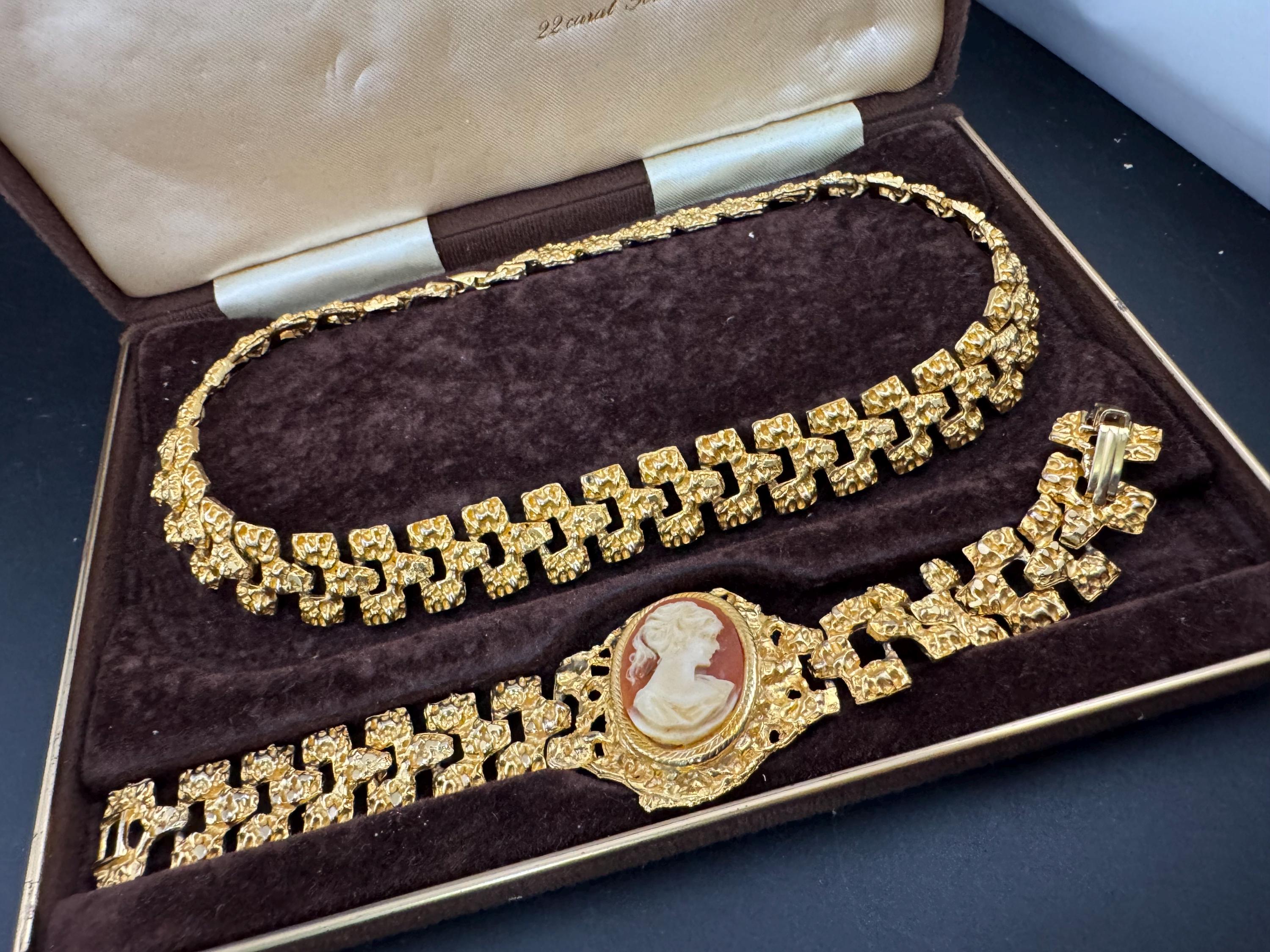 22Kt CAMEO bracelet & brutalist choker , gold plated jewelry set