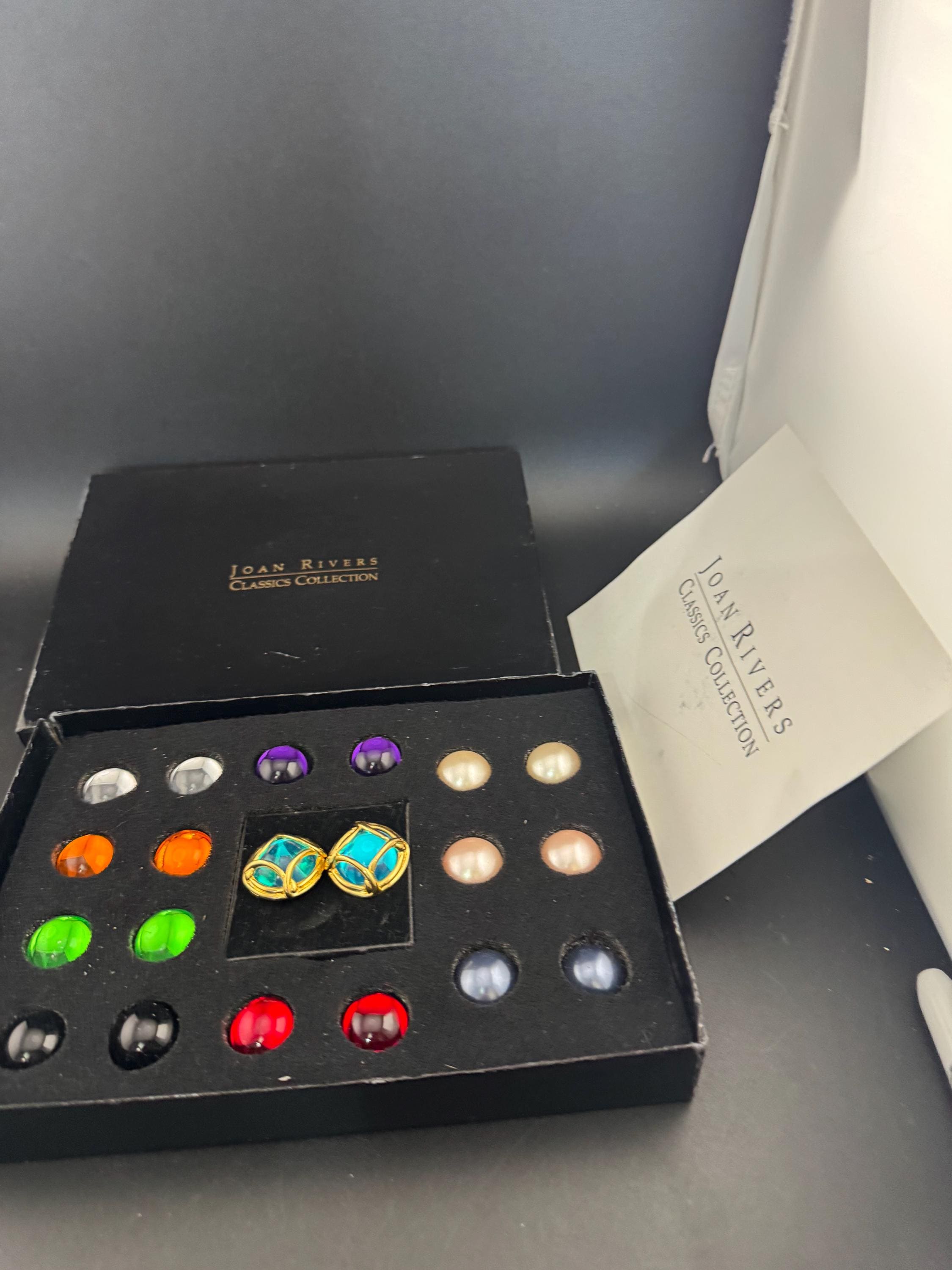 Signed Joan rivers set gold plated coloured cabochon clip on earrings, interchangeable