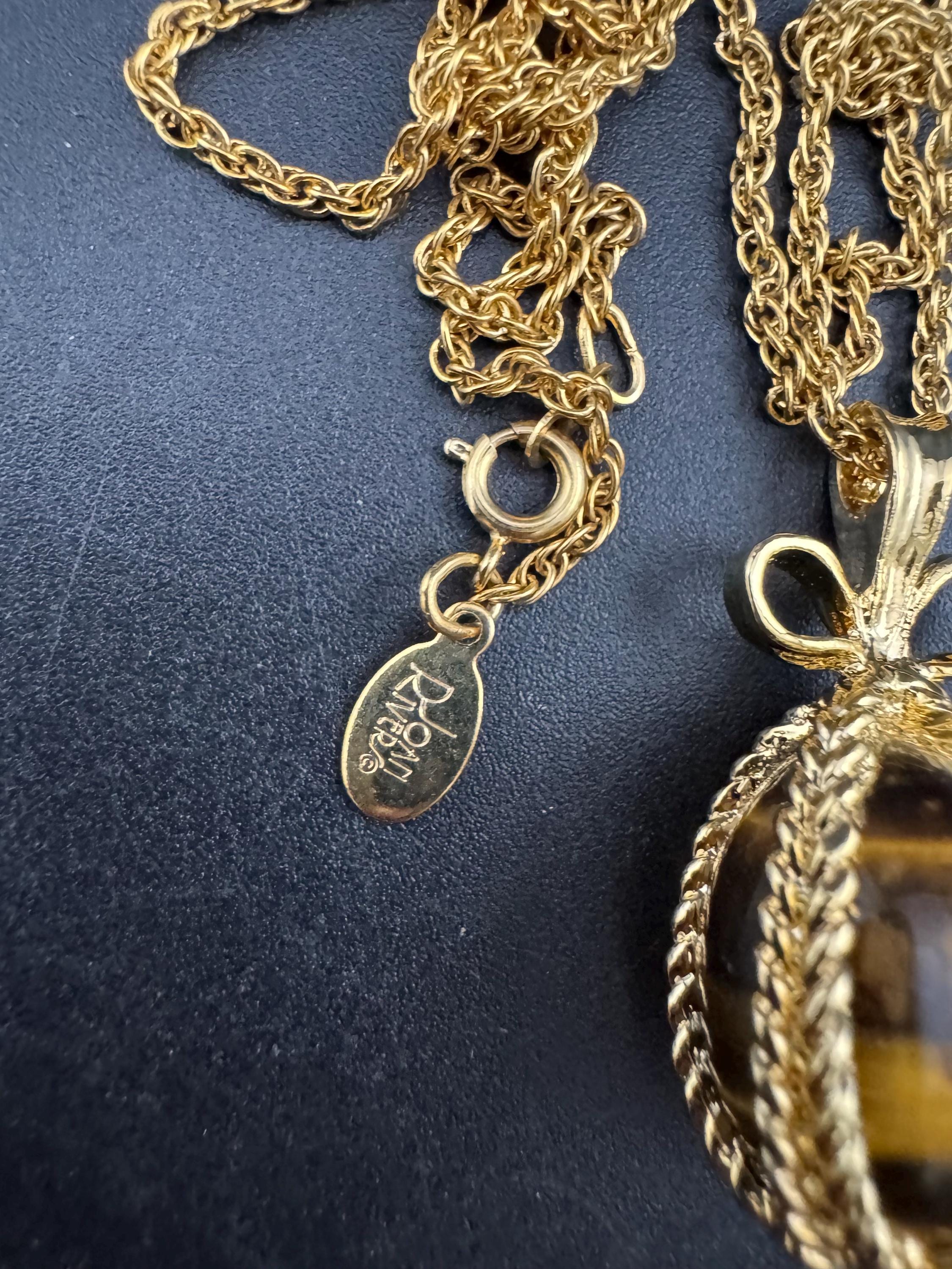 Signed Joan rivers tigerseye egg pendant necklace, gold plated