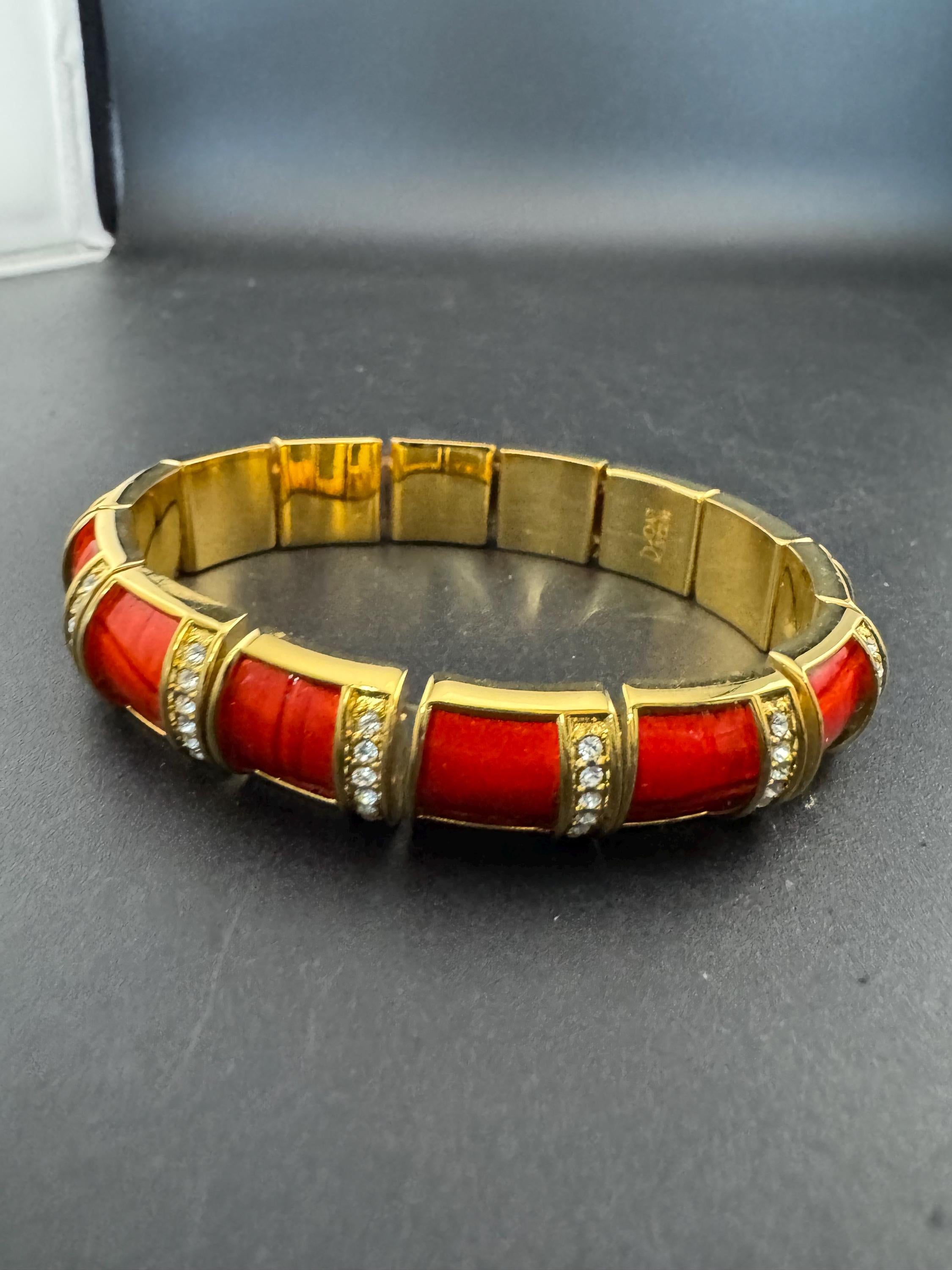 Joan rivers red enamel rhinestone stretch bangle bracelet , gold plated