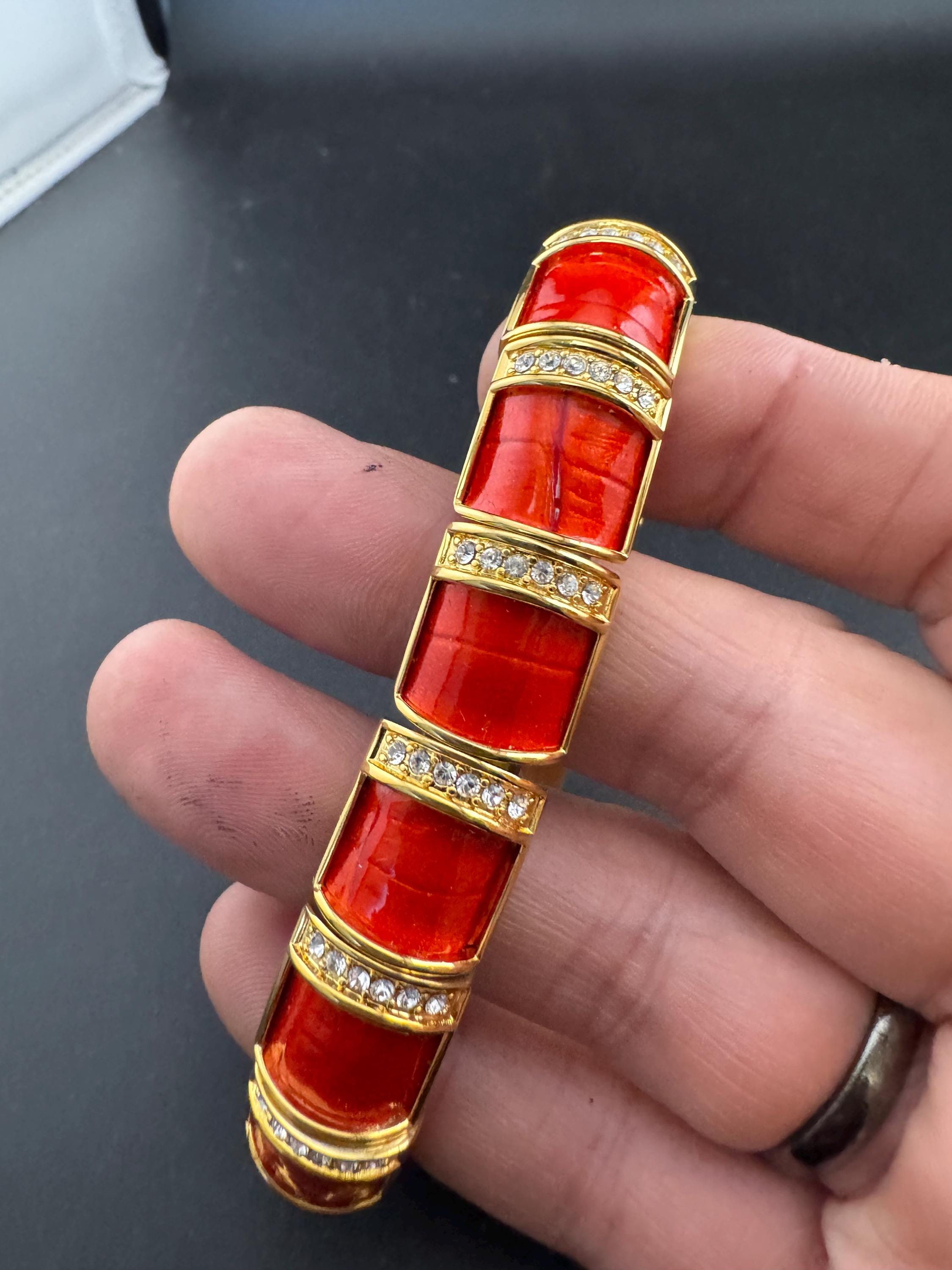Joan rivers red enamel rhinestone stretch bangle bracelet , gold plated