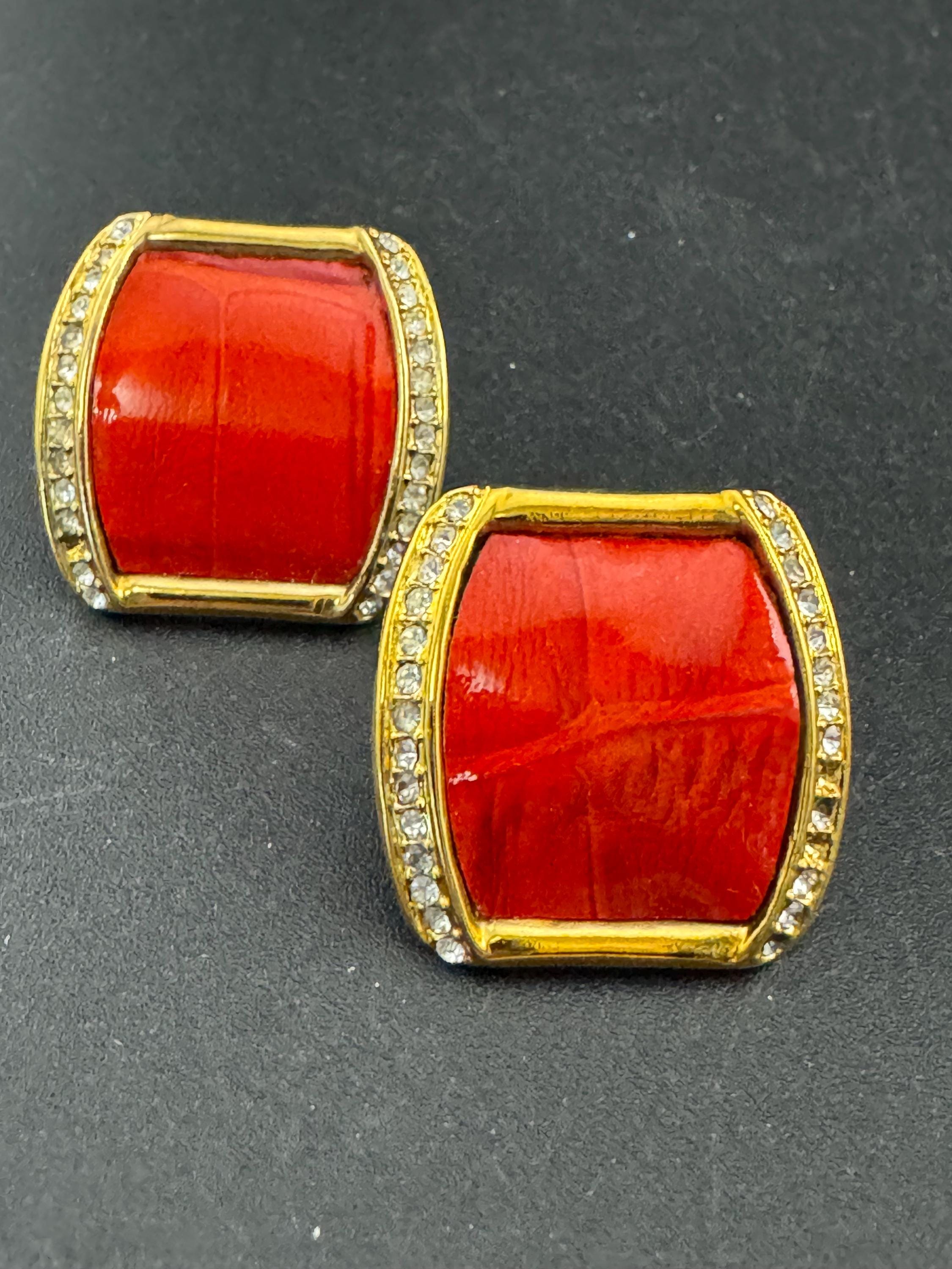 Signed Joan rivers red enamel square rhinestone stud earrings, gold plated