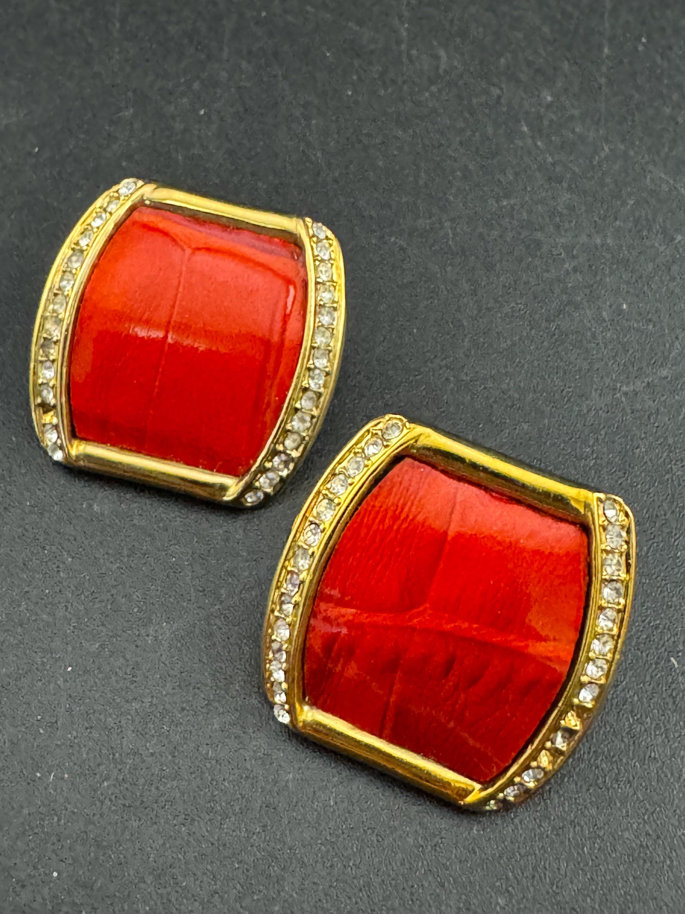 Signed Joan rivers red enamel square rhinestone stud earrings, gold plated