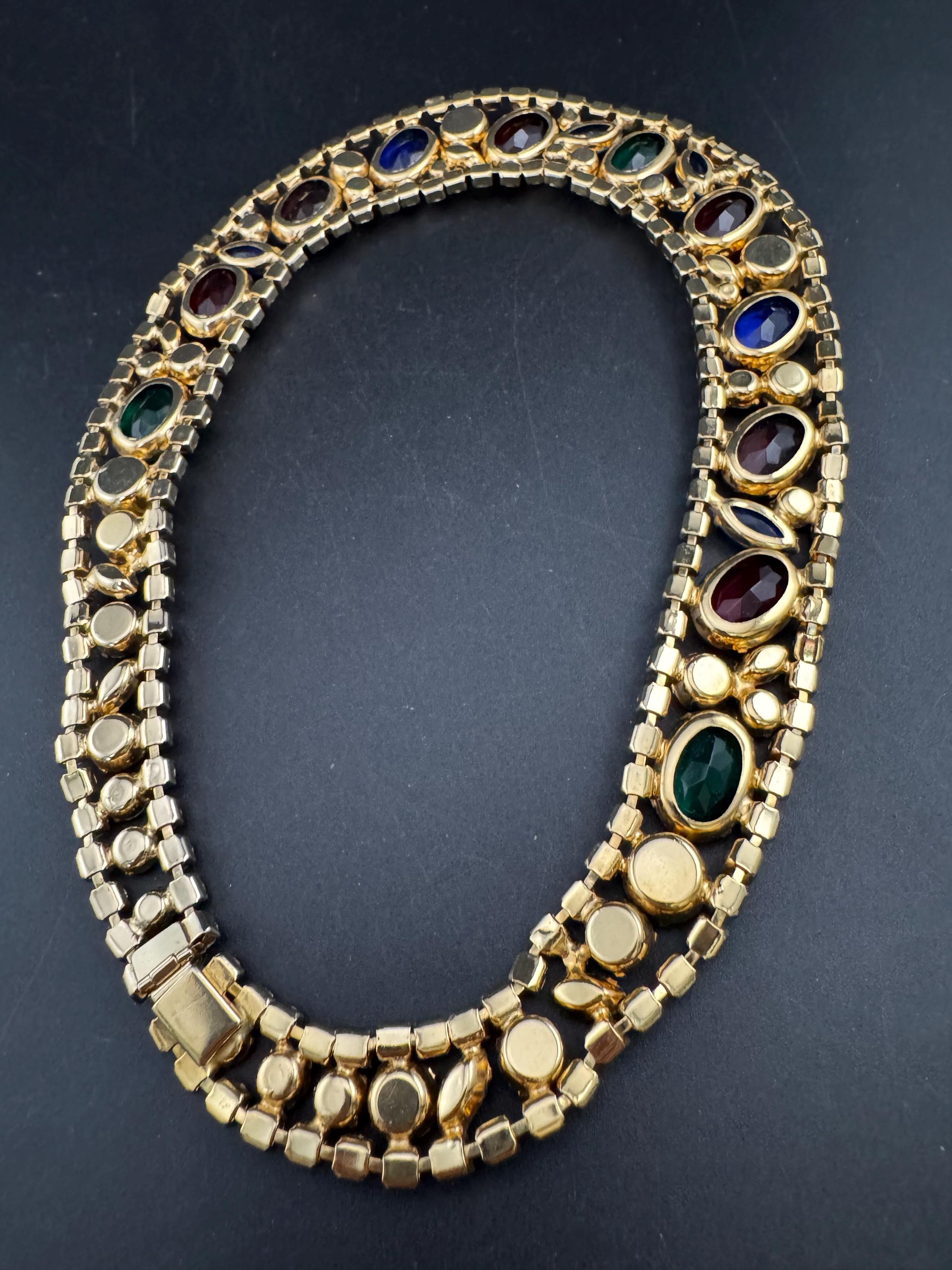 Vintage rainbow rhinestone wide gold choker necklace, red blue green open back