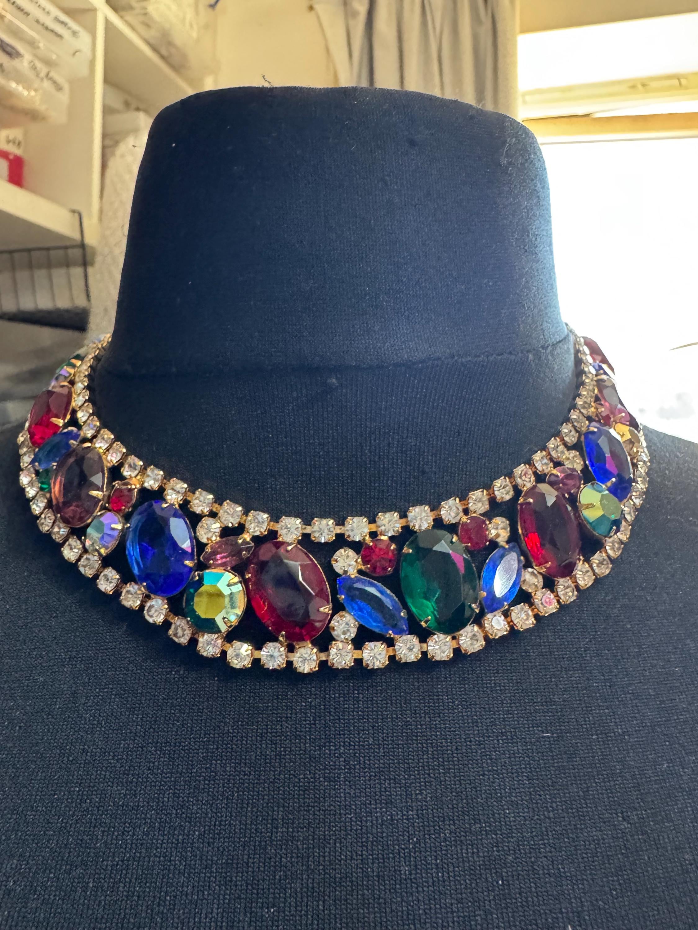 Vintage rainbow rhinestone wide gold choker necklace, red blue green open back