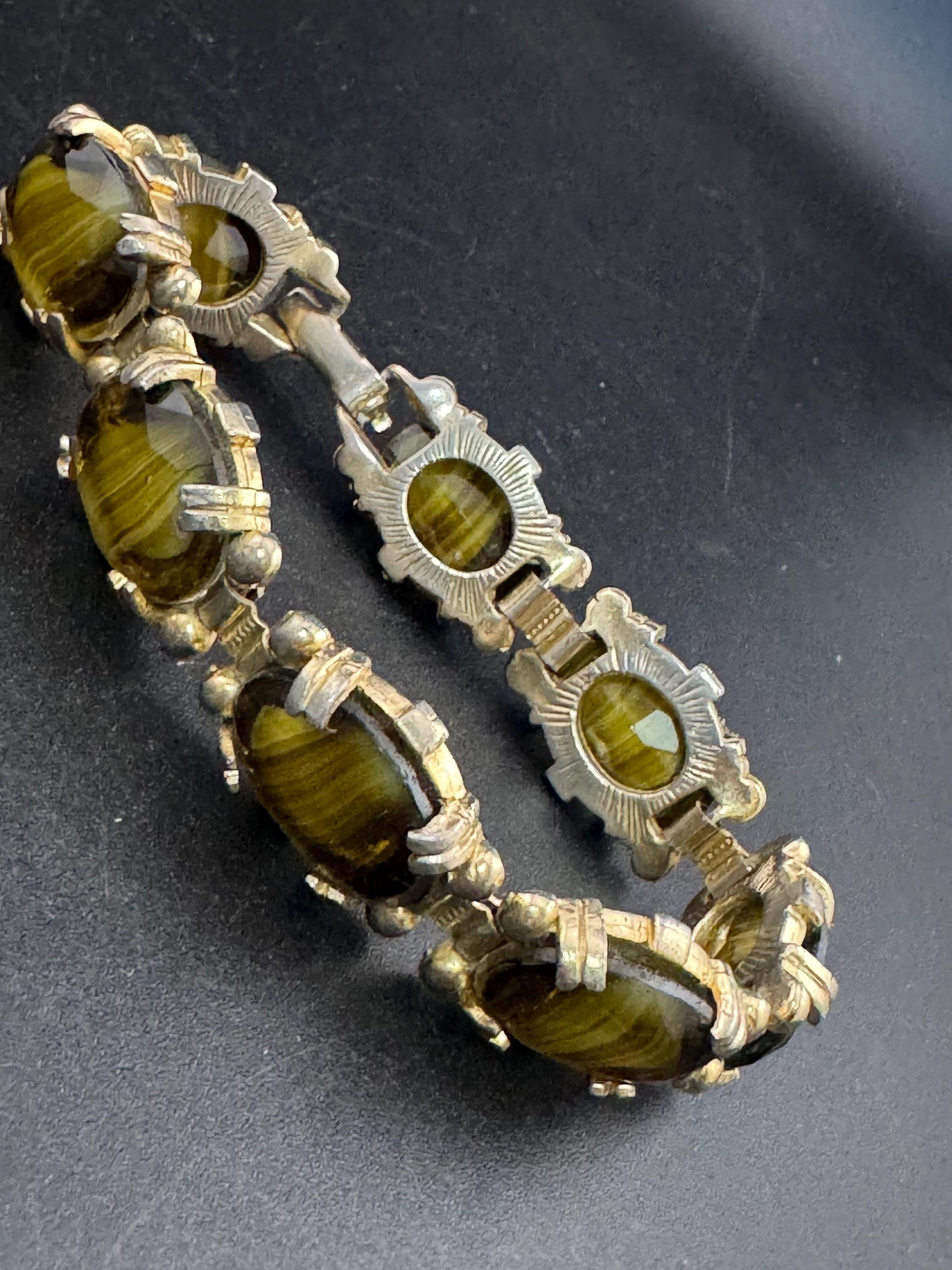 Vintage dark olive green Gold Tone panel link cocktail bracelet, givre glass marbled cabochons