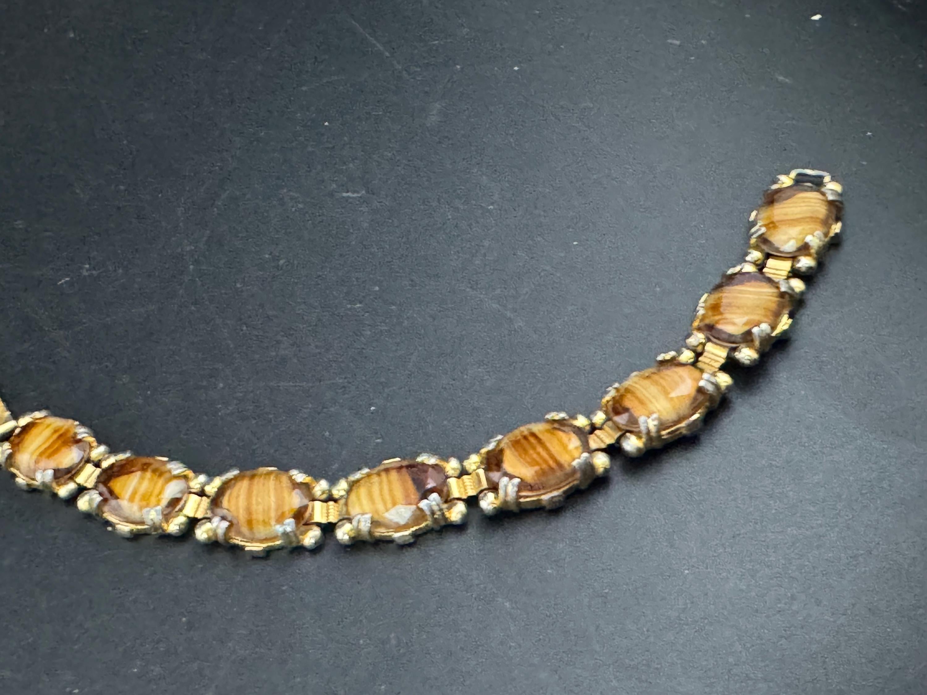 Vintage brown Gold Tone panel link cocktail bracelet, givre glass marbled cabochons