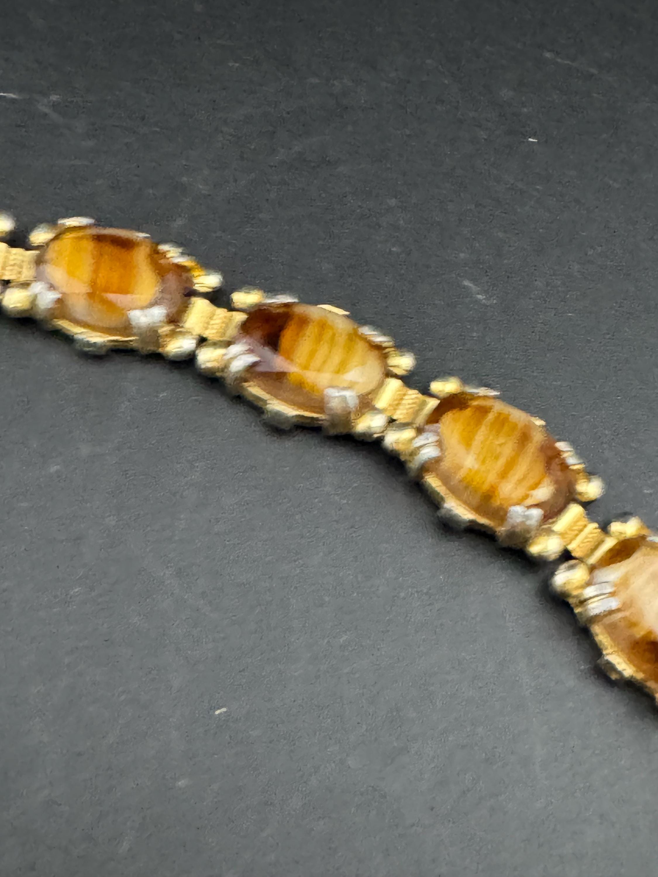 Vintage brown Gold Tone panel link cocktail bracelet, givre glass marbled cabochons