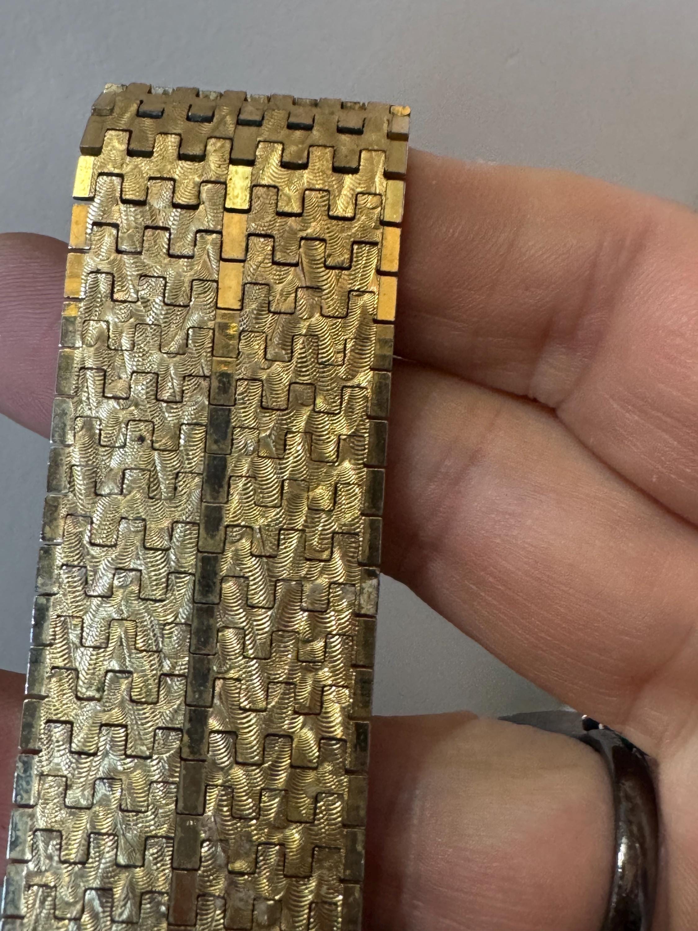 1970s 18k GP flat 3cm wide articulated cuff bracelet, Italian gold plated